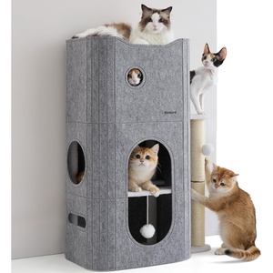 Bedsure Extra Wide Cat House Bed with Fluffy Ball and Scratch Pad,Grey | 23.6×16.9×13 in,Indoor Cat Cave for Multiple Pets, Foldable Cat Hideway Cube for Sleeping Large Cat and Kitten(Grey)