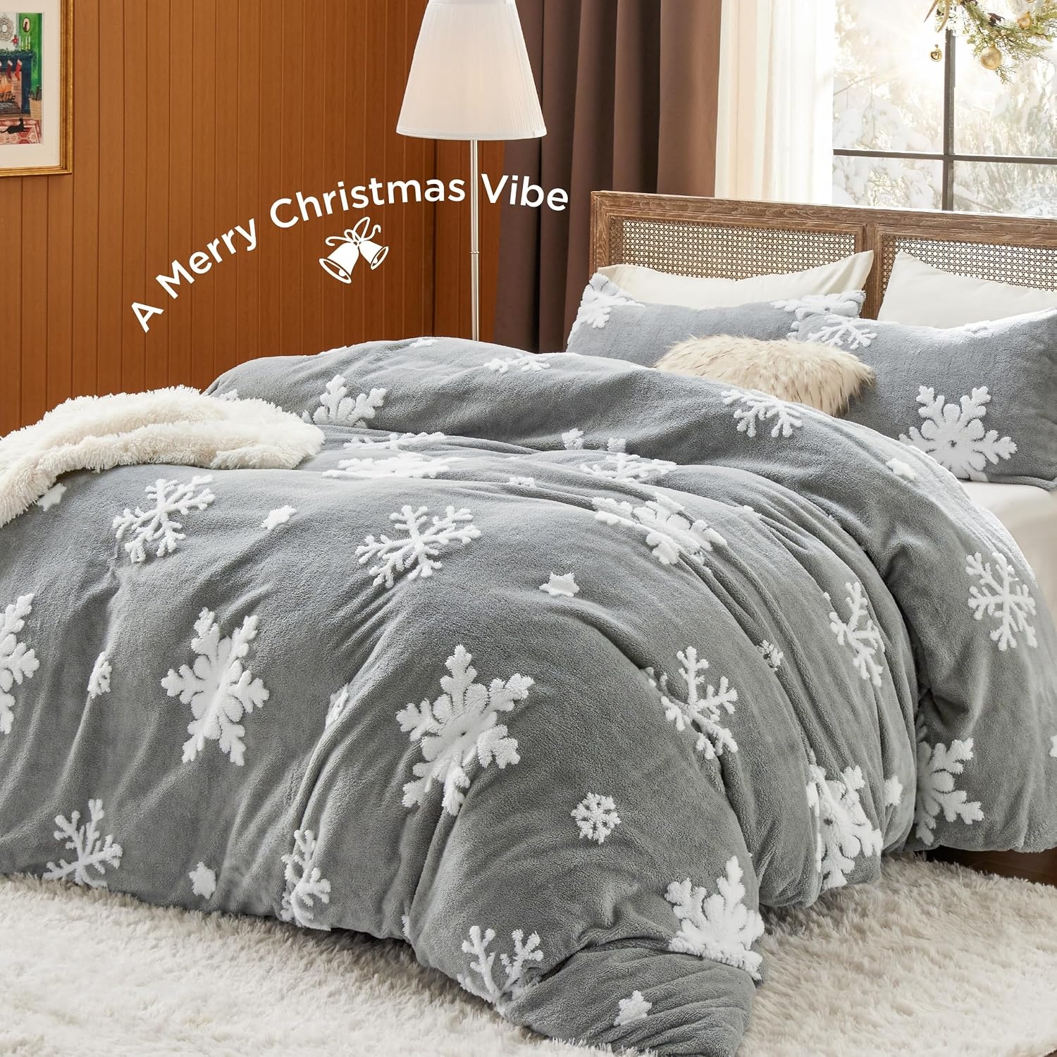 image:imageBedsure Fluffy Duvet Cover Set Ultra Soft Plush Shaggy Comforter Cover Queen Size Warm Flannel Fleece Bed Sets for Winter 3 Pieces Snowflake Pattern Grey05 Grey Snowflake No Comforter