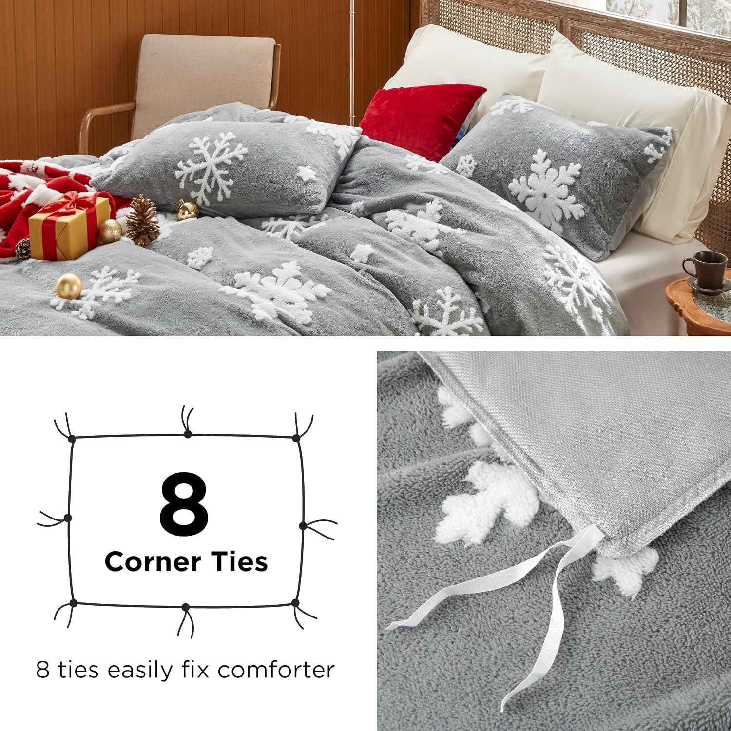 image:imageBedsure Fluffy Duvet Cover Set Ultra Soft Plush Shaggy Comforter Cover Queen Size Warm Flannel Fleece Bed Sets for Winter 3 Pieces Snowflake Pattern Grey05 Grey Snowflake No Comforter
