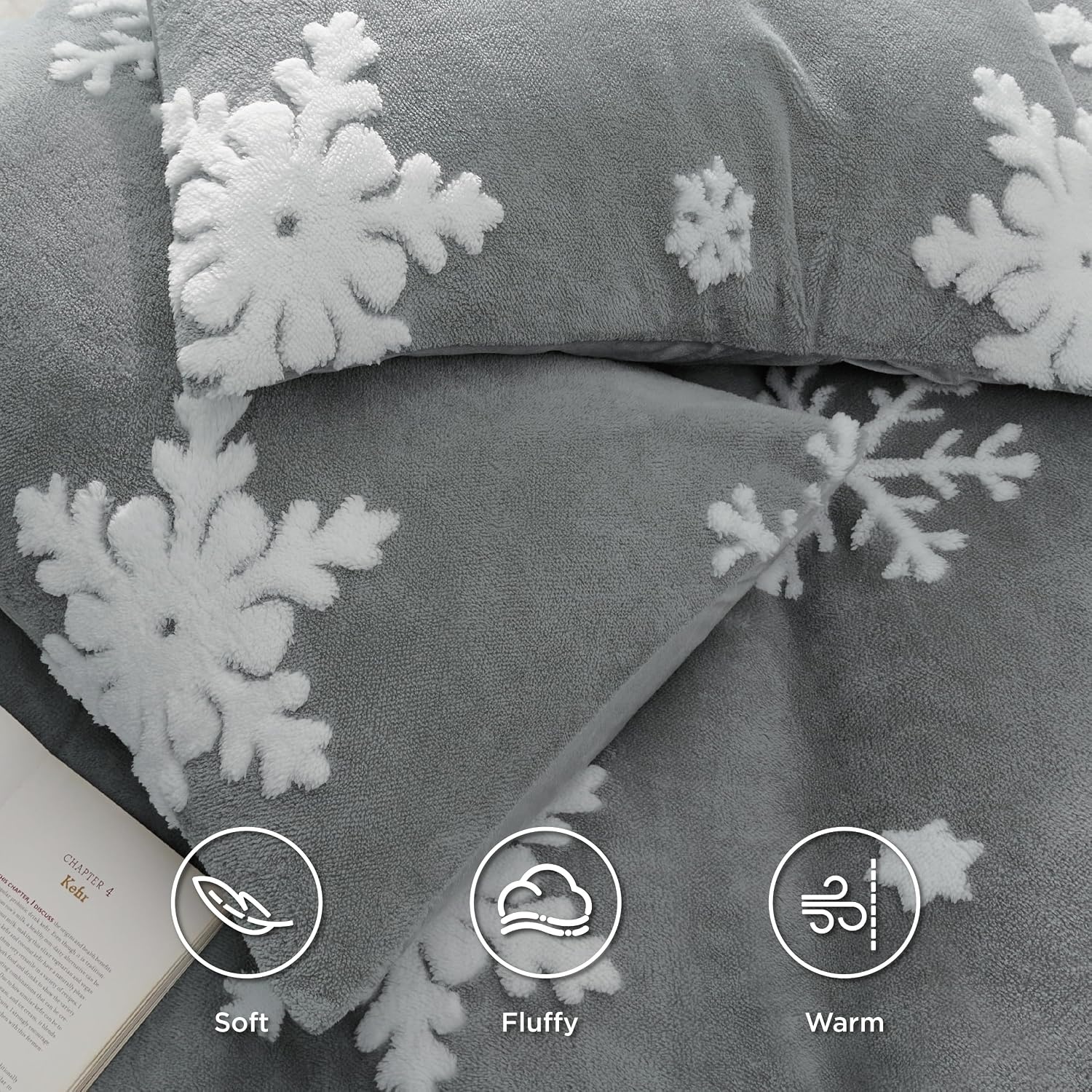 image:imageBedsure Fluffy Duvet Cover Set Ultra Soft Plush Shaggy Comforter Cover Queen Size Warm Flannel Fleece Bed Sets for Winter 3 Pieces Snowflake Pattern Grey05 Grey Snowflake No Comforter