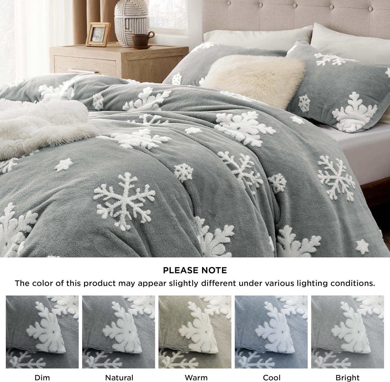image:imageBedsure Fluffy Duvet Cover Set Ultra Soft Plush Shaggy Comforter Cover Queen Size Warm Flannel Fleece Bed Sets for Winter 3 Pieces Snowflake Pattern Grey05 Grey Snowflake No Comforter
