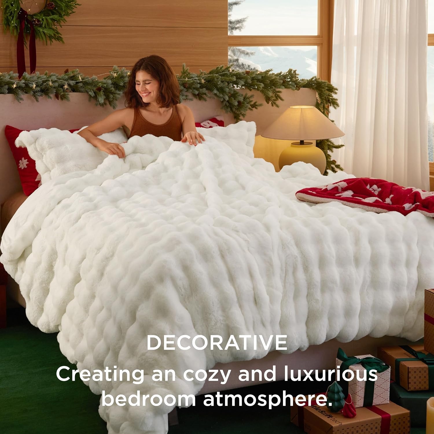 image:imageBedsure Fluffy Duvet Cover Set Ultra Soft Plush Shaggy Comforter Cover Queen Size Warm Flannel Fleece Bed Sets for Winter 3 Pieces Snowflake Pattern Grey04 Coconut White No Comforter