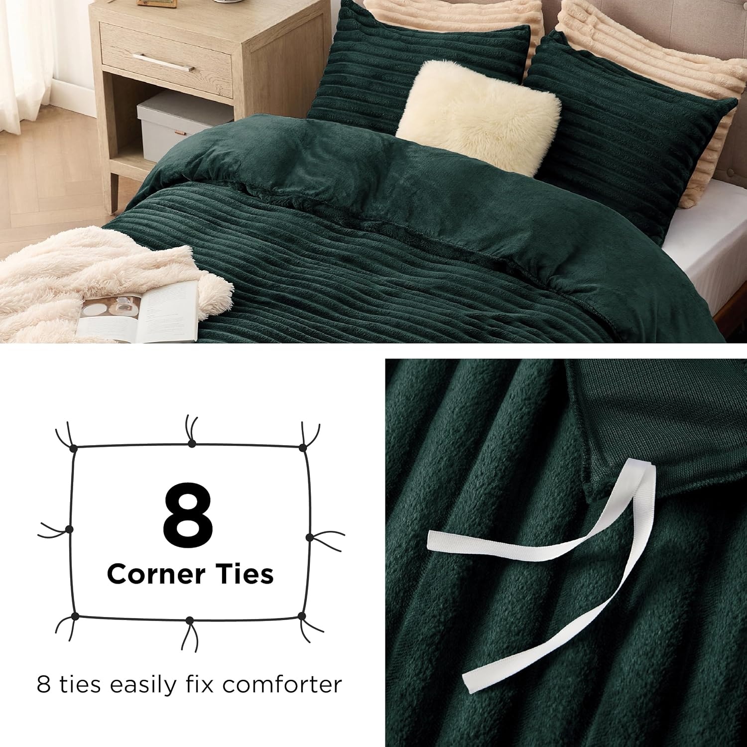 image:imageBedsure Fluffy Duvet Cover Set Ultra Soft Plush Shaggy Comforter Cover Queen Size Warm Flannel Fleece Bed Sets for Winter 3 Pieces Striped Pattern Forest Green07 Forest Green No Comforter