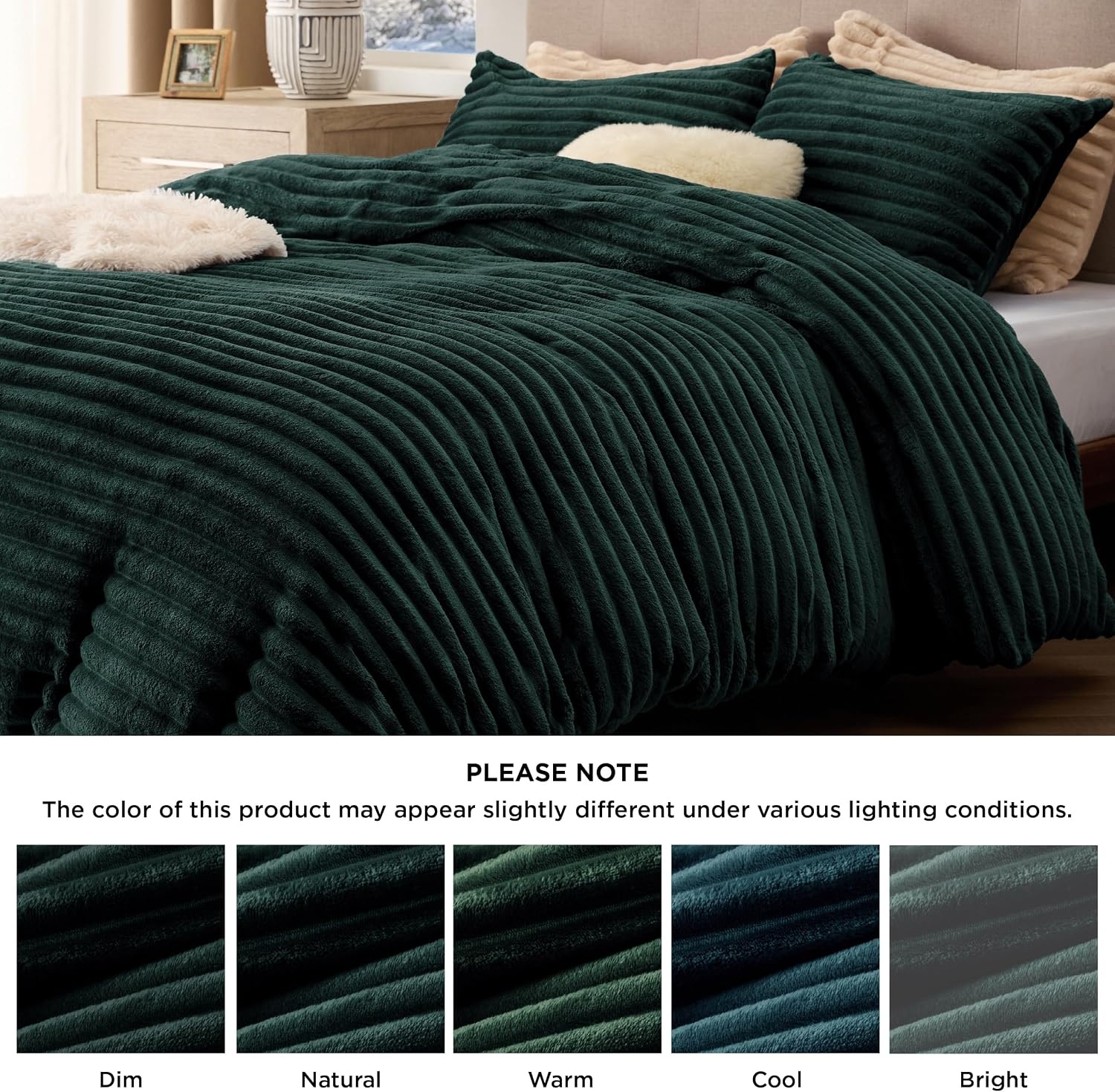 image:imageBedsure Fluffy Duvet Cover Set Ultra Soft Plush Shaggy Comforter Cover Queen Size Warm Flannel Fleece Bed Sets for Winter 3 Pieces Striped Pattern Forest Green07 Forest Green No Comforter