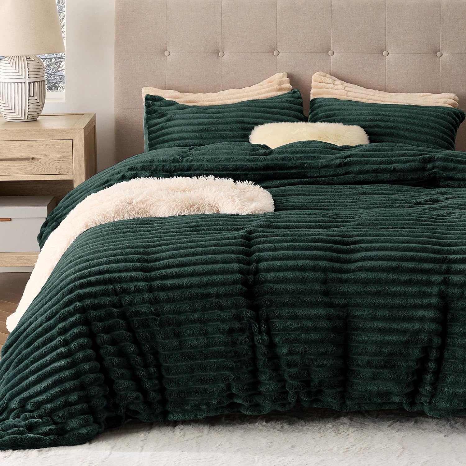 image:imageBedsure Fluffy Duvet Cover Set Ultra Soft Plush Shaggy Comforter Cover Queen Size Warm Flannel Fleece Bed Sets for Winter 3 Pieces Striped Pattern Forest Green07 Forest Green No Comforter