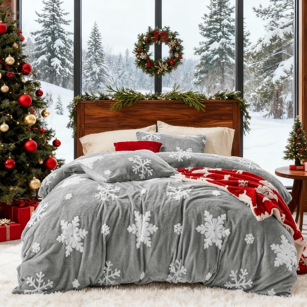 image:imageBedsure Fluffy Duvet Cover Set  Ultra Soft Plush Shaggy Comforter Cover Queen Size Warm Flannel Fleece Bed Sets for Winter 3 Pieces Snowflake Pattern Grey05  Grey Snowflake No Comforter