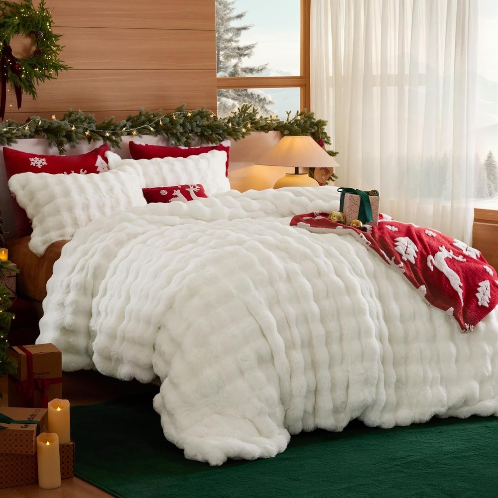 image:imageBedsure Fluffy Duvet Cover Set Ultra Soft Plush Shaggy Comforter Cover Queen Size Warm Flannel Fleece Bed Sets for Winter 3 Pieces Snowflake Pattern Grey04 Coconut White No Comforter