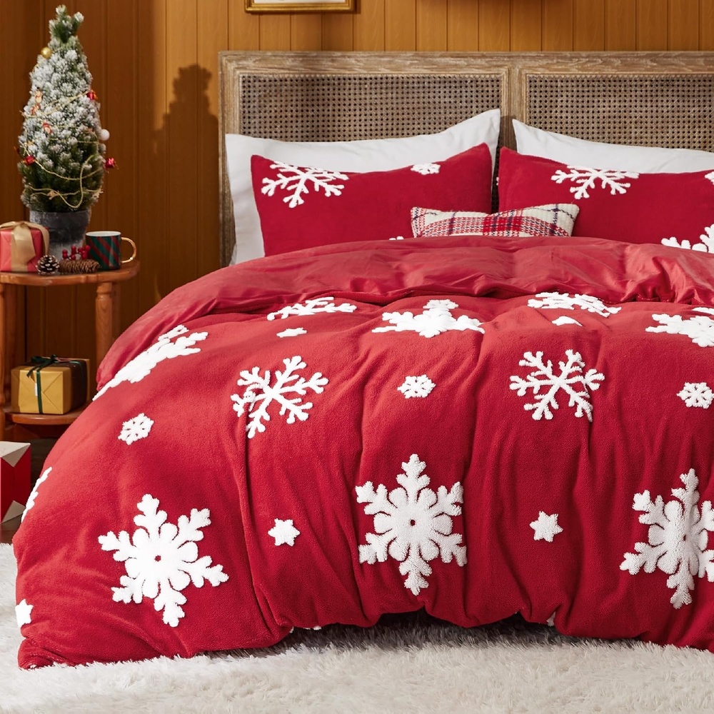 image:imageBedsure Fluffy Duvet Cover Set Ultra Soft Plush Shaggy Comforter Cover Queen Size Warm Flannel Fleece Bed Sets for Winter 3 Pieces Snowflake Pattern Grey06 Red Snowflake No Comforter