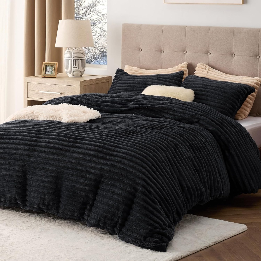 image:imageBedsure Fluffy Duvet Cover Set  Ultra Soft Plush Shaggy Comforter Cover Queen Size Warm Flannel Fleece Bed Sets for Winter 3 Pieces Striped Pattern Forest Green05  Black No Comforter