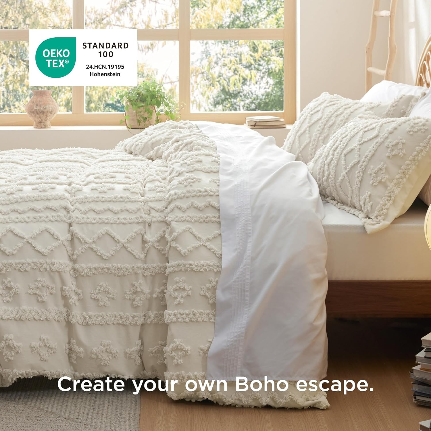 image:imageBedsure Checkered Boho Duvet Cover Queen Tufted Embroidery 3PieceBeige01 Beige Elegant No Comforter