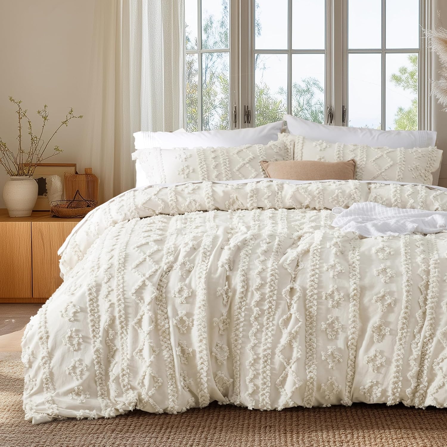 image:imageBedsure Checkered Boho Duvet Cover Queen Tufted Embroidery 3PieceBeige01 Beige Elegant No Comforter