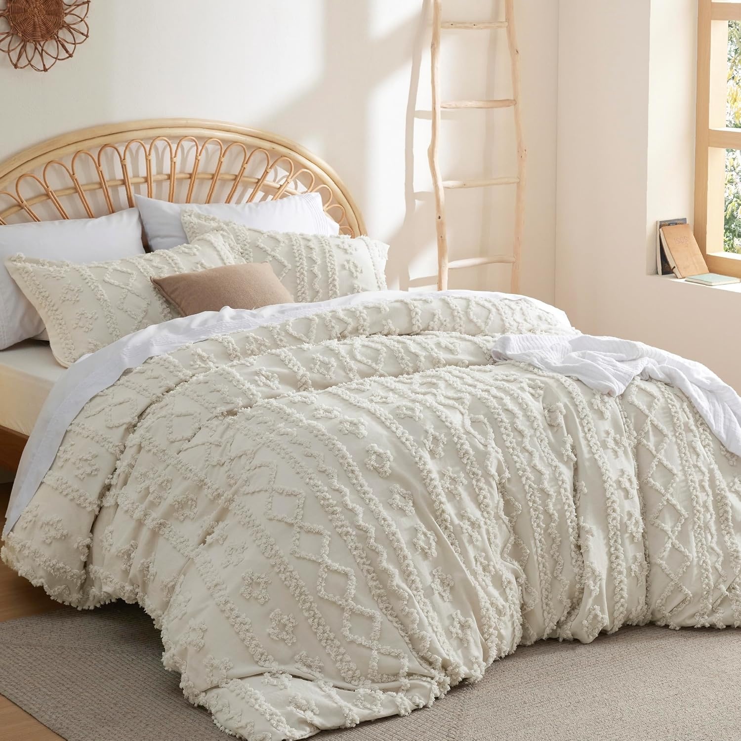 image:imageBedsure Checkered Boho Duvet Cover Queen Tufted Embroidery 3PieceBeige01 Beige Elegant No Comforter
