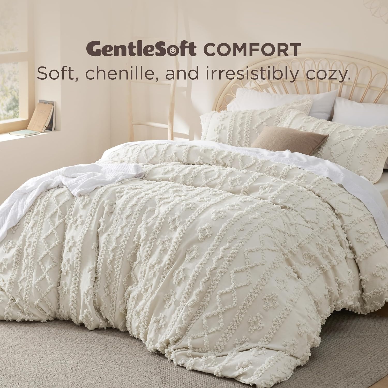image:imageBedsure Checkered Boho Duvet Cover Queen Tufted Embroidery 3PieceBeige01 Beige Elegant No Comforter