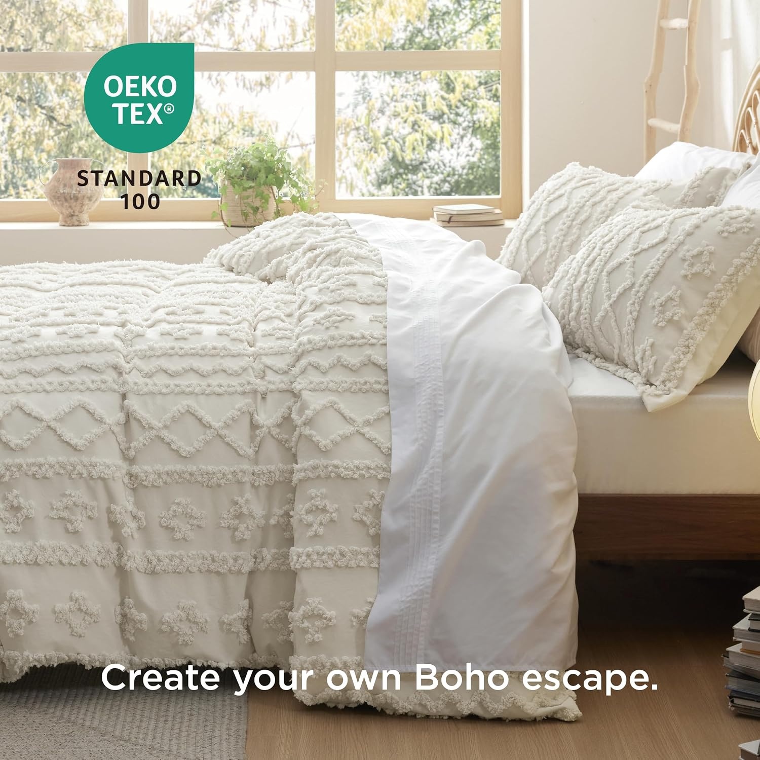 image:imageBedsure Checkered Boho Duvet Cover Queen Tufted Embroidery 3PieceBeige01 Beige Elegant No Comforter