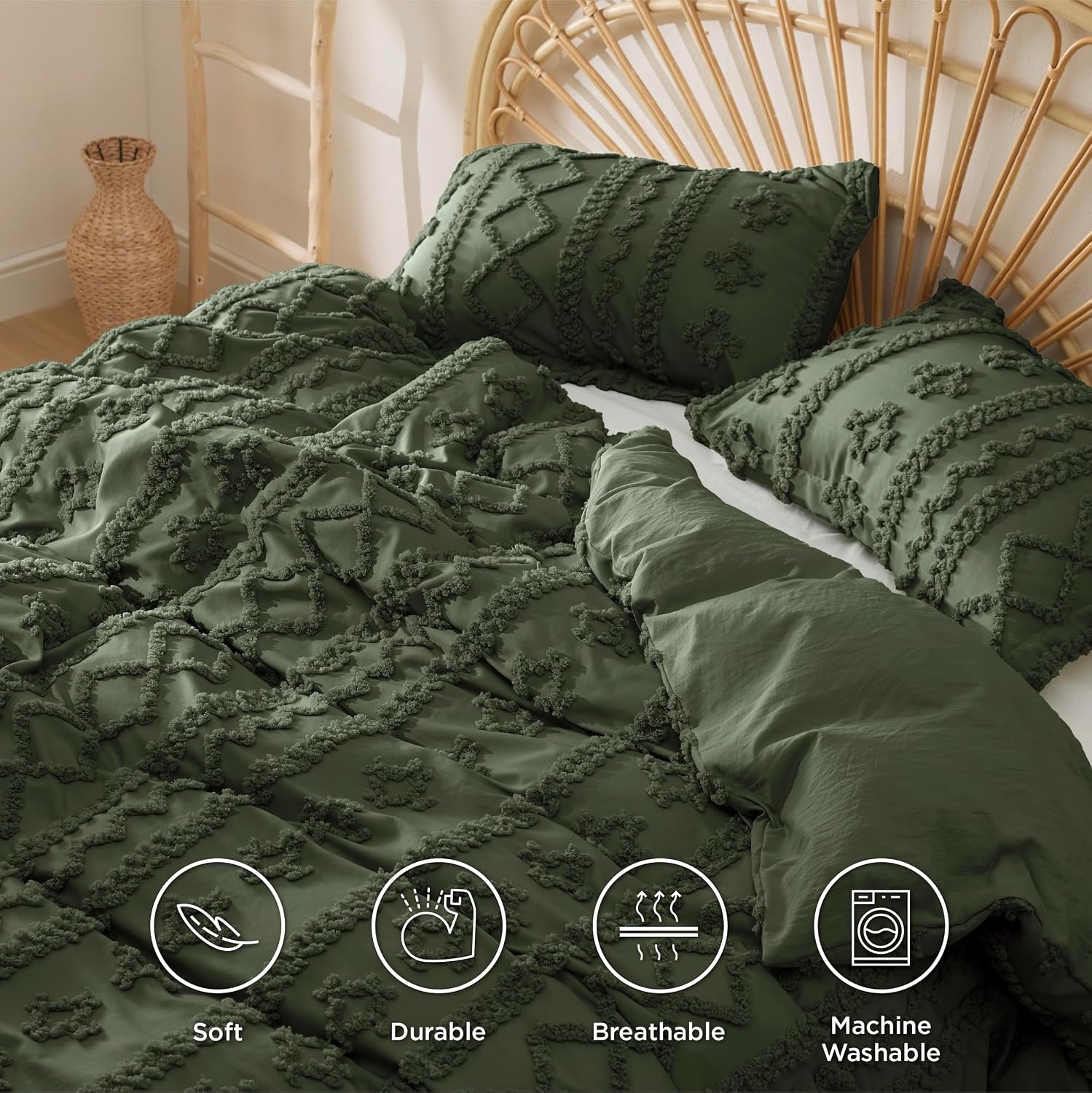 image:imageBedsure Checkered Boho Duvet Cover Queen Tufted Embroidery 3PieceBeige02 Olive Green Elegant No Comforter