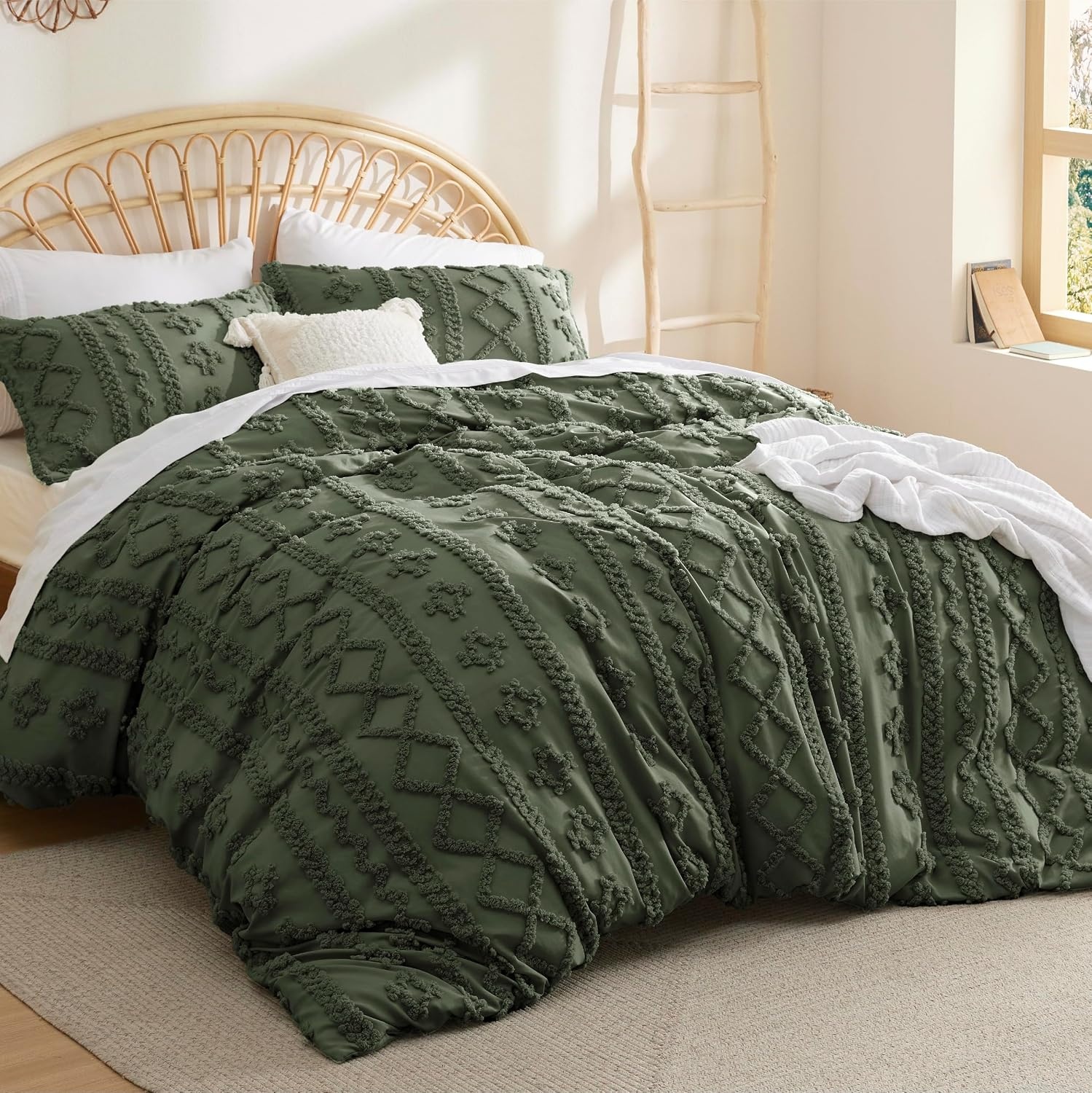 image:imageBedsure Checkered Boho Duvet Cover Queen Tufted Embroidery 3PieceBeige02 Olive Green Elegant No Comforter
