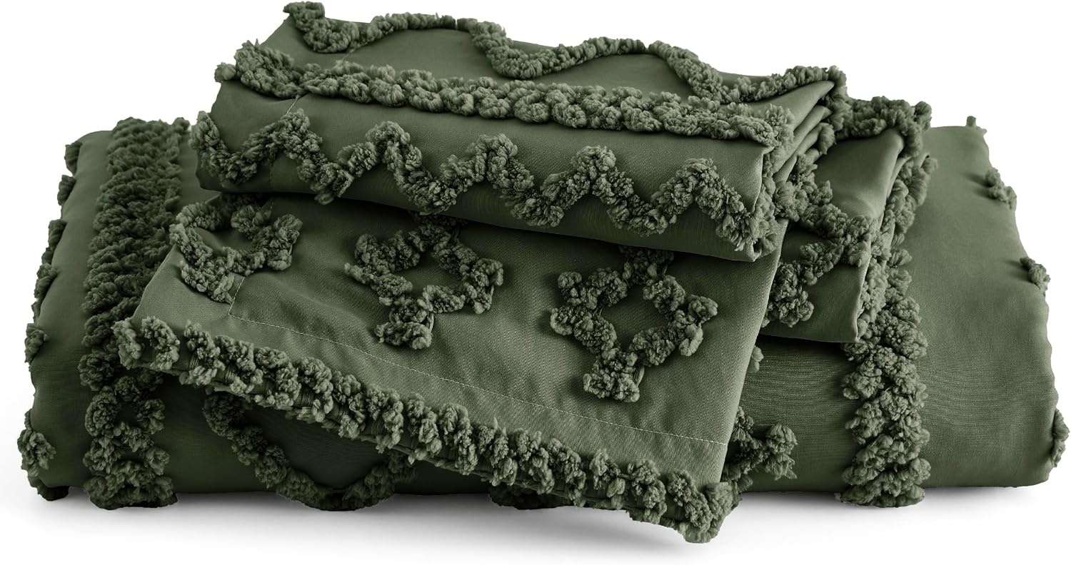 image:imageBedsure Checkered Boho Duvet Cover Queen Tufted Embroidery 3PieceBeige02 Olive Green Elegant No Comforter