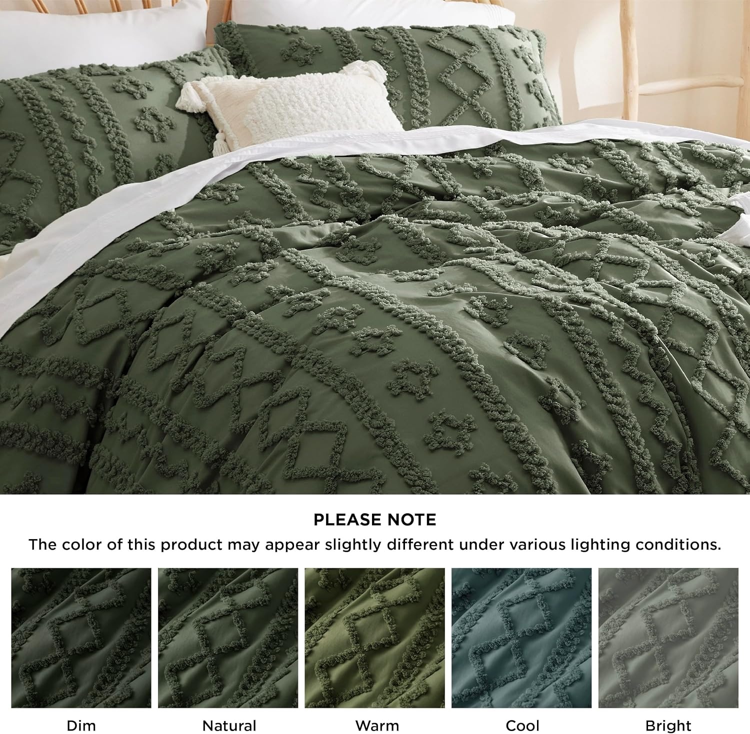 image:imageBedsure Checkered Boho Duvet Cover Queen Tufted Embroidery 3PieceBeige02 Olive Green Elegant No Comforter