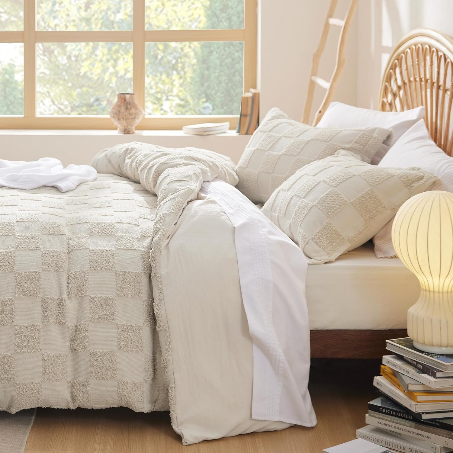 image:imageBedsure Checkered Boho Duvet Cover Queen Tufted Embroidery 3PieceBeige03 Beige Checkered No Comforter