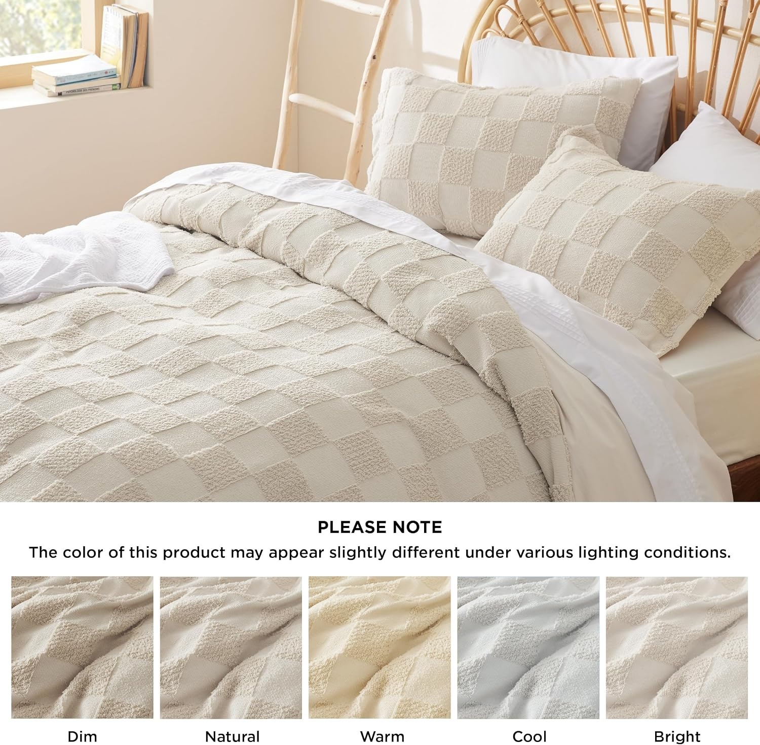 image:imageBedsure Checkered Boho Duvet Cover Queen Tufted Embroidery 3PieceBeige03 Beige Checkered No Comforter