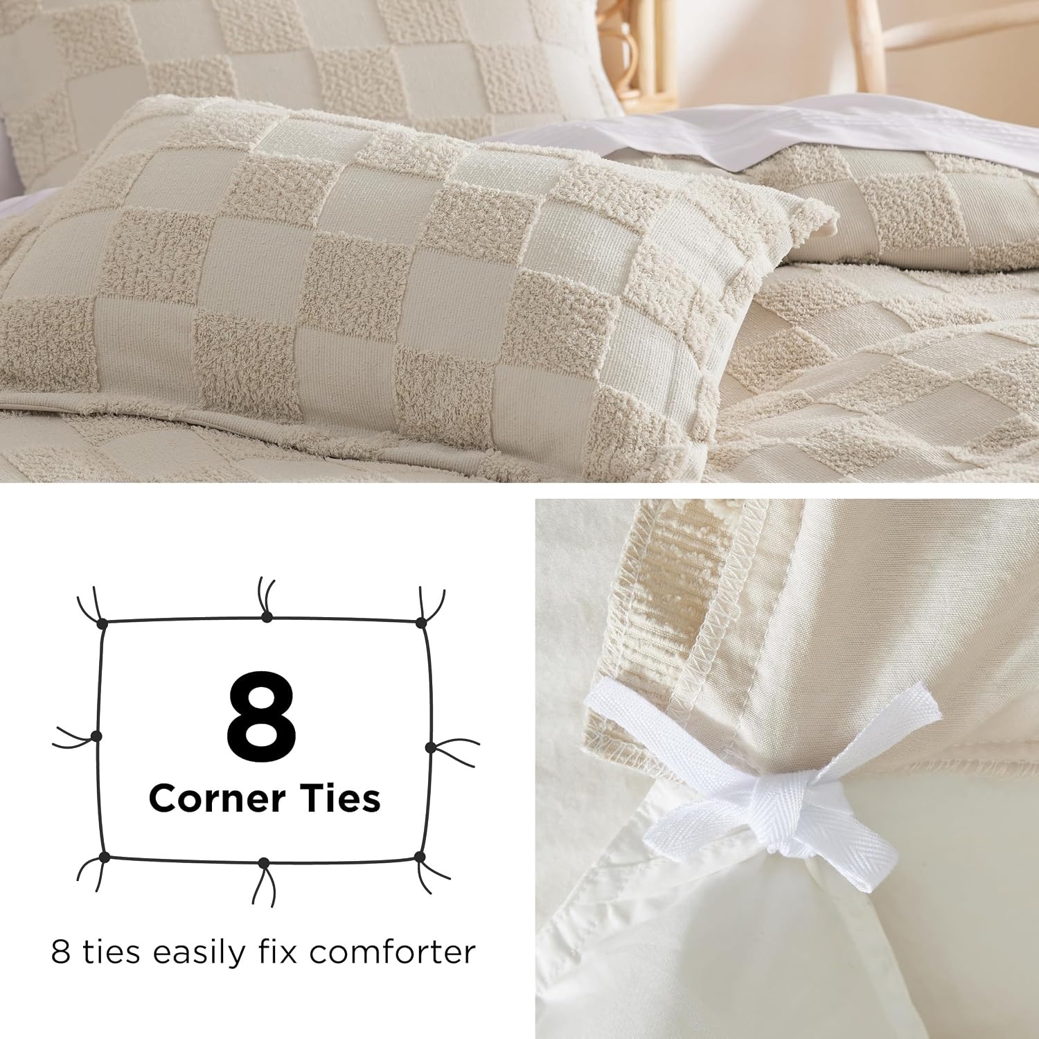 image:imageBedsure Checkered Boho Duvet Cover Queen Tufted Embroidery 3PieceBeige03 Beige Checkered No Comforter