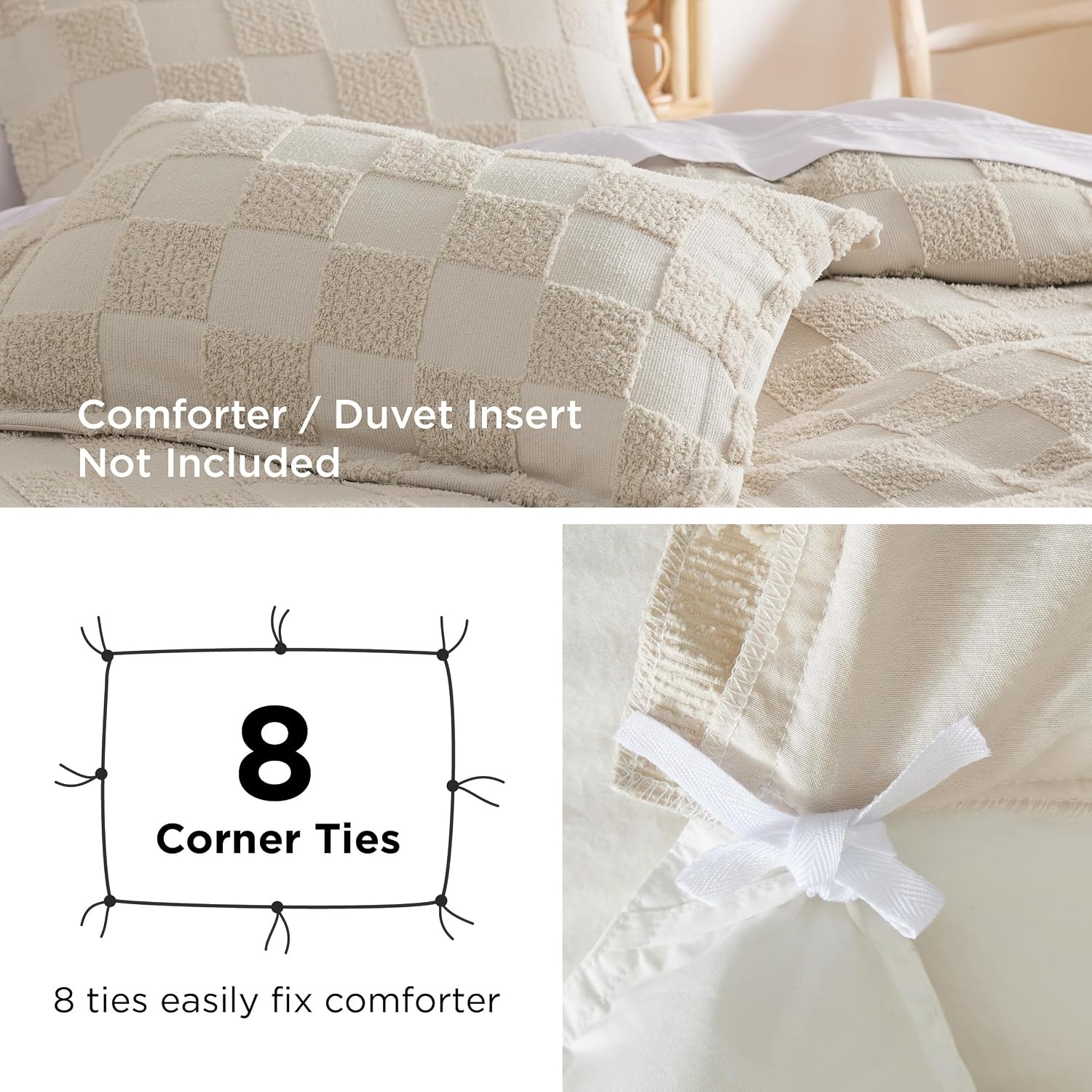 image:imageBedsure Checkered Boho Duvet Cover Queen Tufted Embroidery 3PieceBeige03 Beige Checkered No Comforter