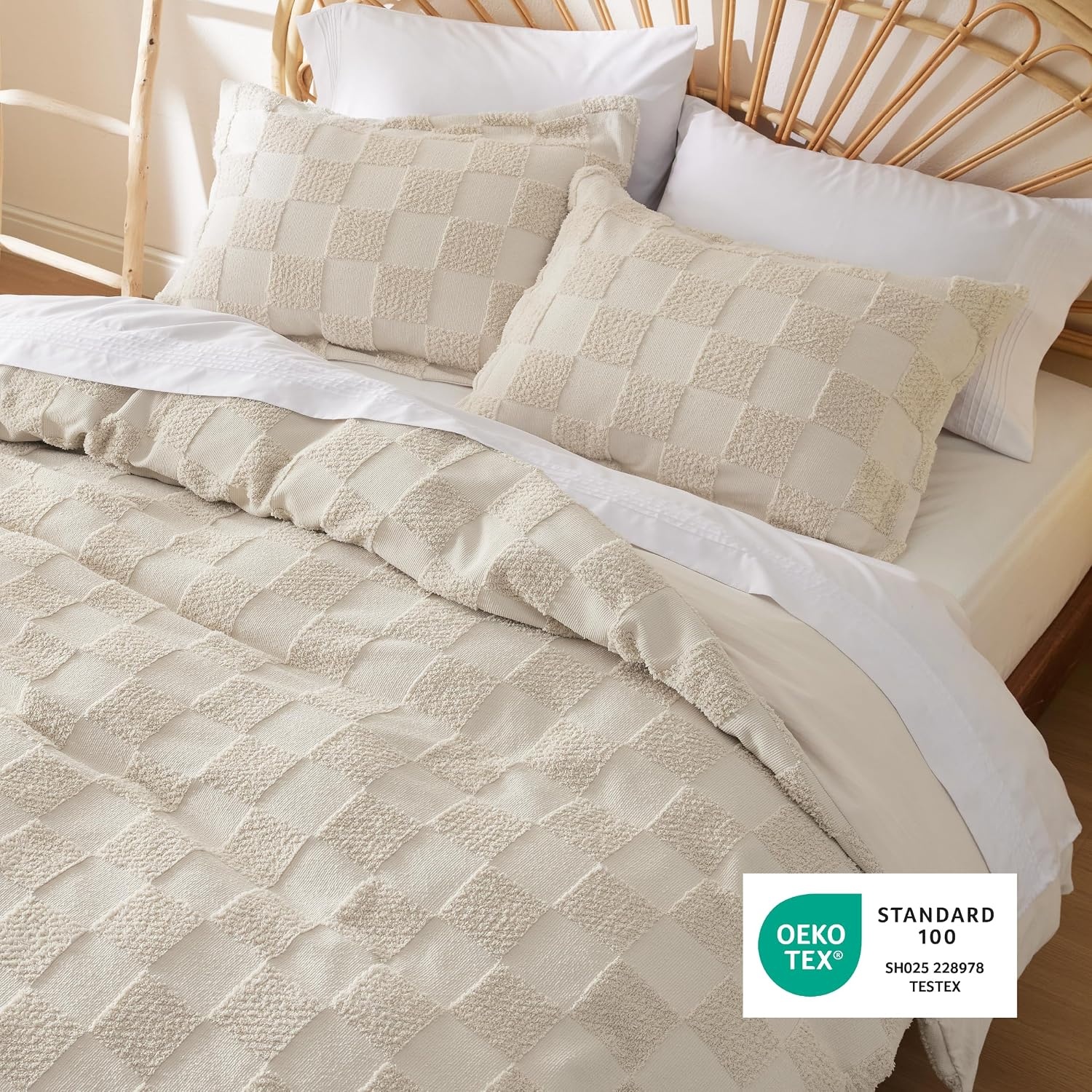 image:imageBedsure Checkered Boho Duvet Cover Queen Tufted Embroidery 3PieceBeige03 Beige Checkered No Comforter