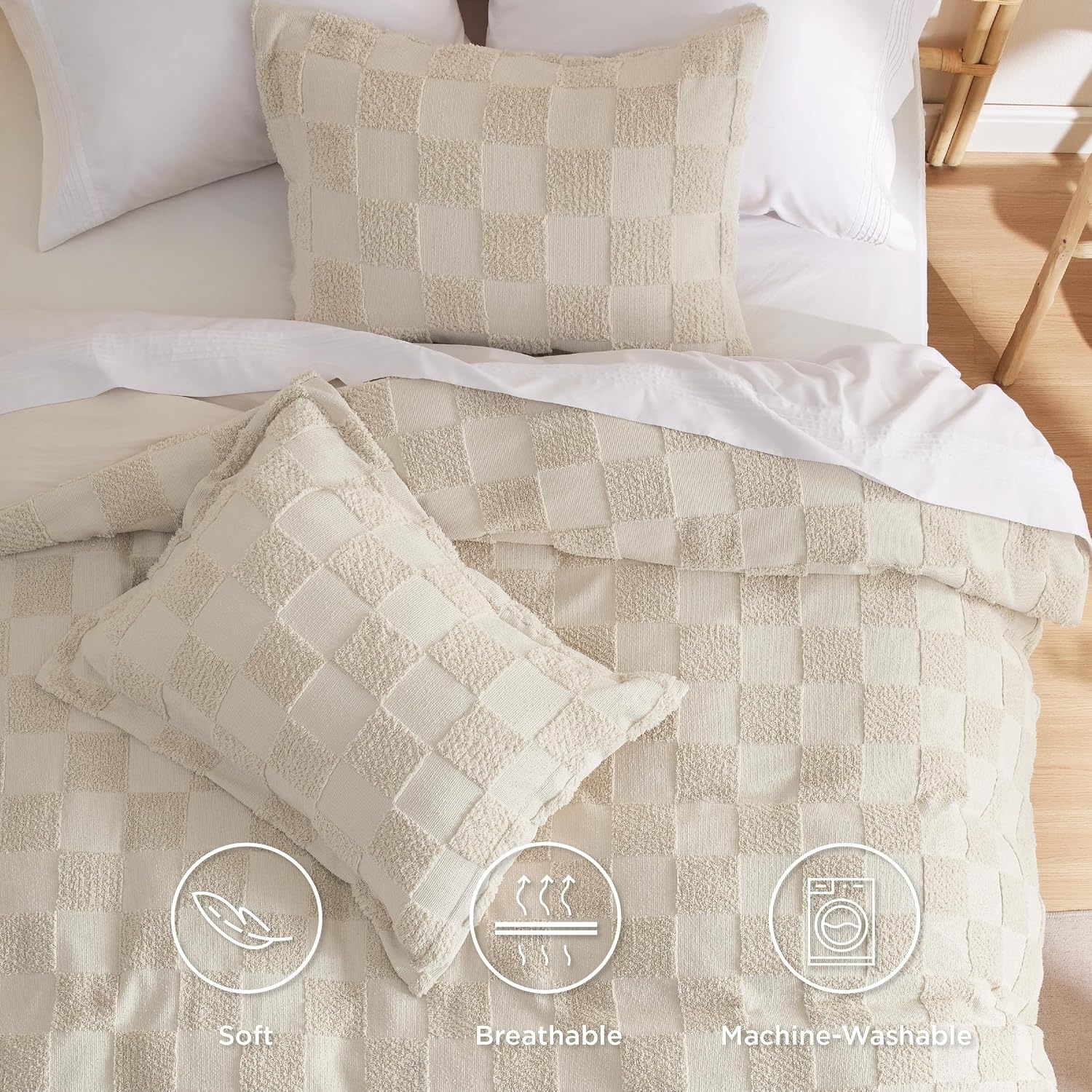 image:imageBedsure Checkered Boho Duvet Cover Queen Tufted Embroidery 3PieceBeige03 Beige Checkered No Comforter