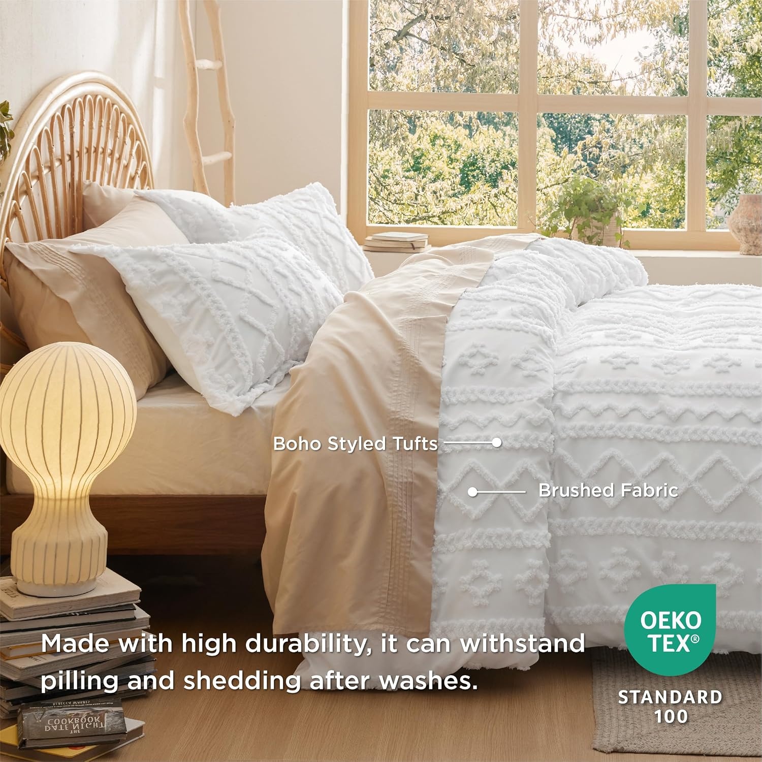 image:imageBedsure Checkered Boho Duvet Cover Queen Tufted Embroidery 3PieceBeige04 White Elegant No Comforter