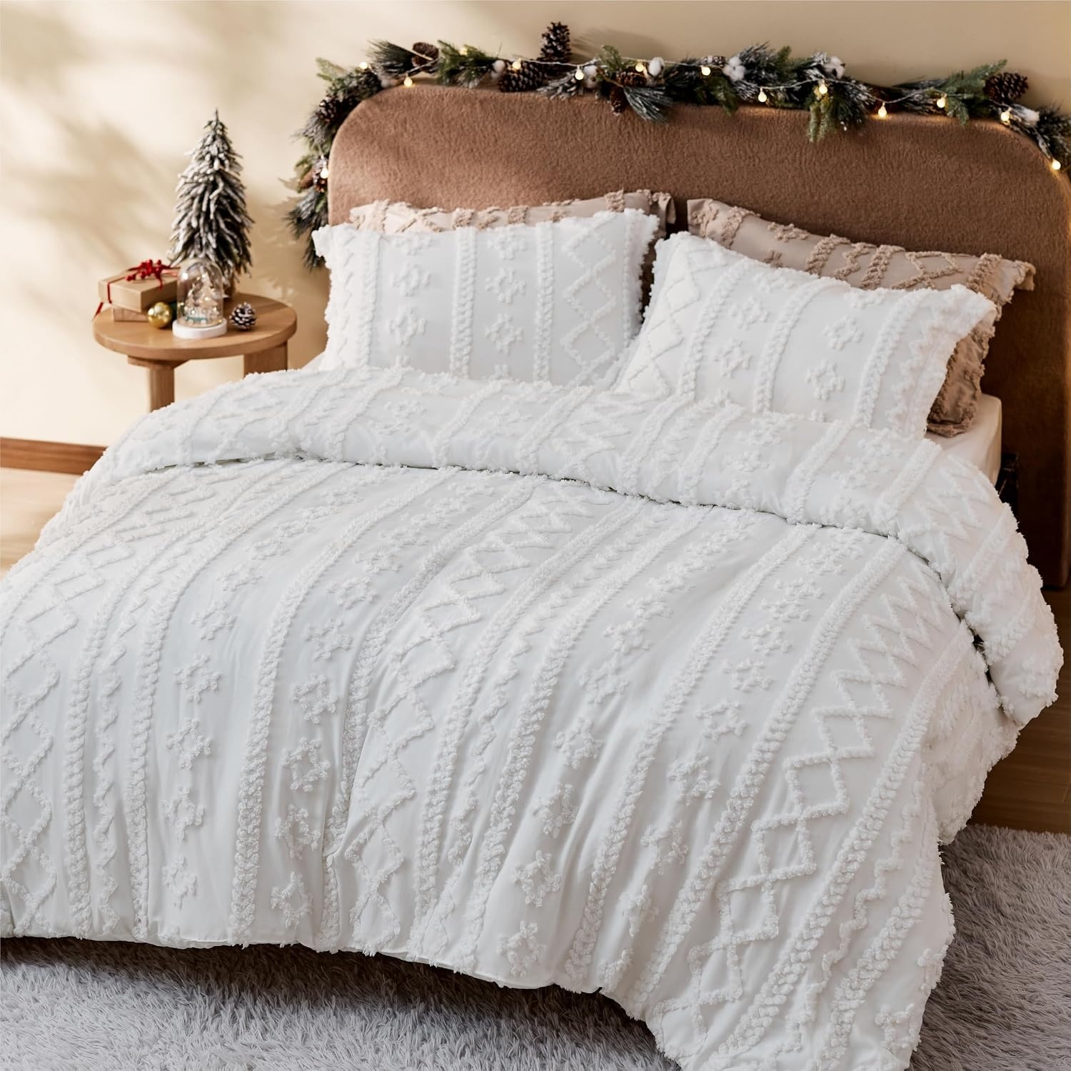 image:imageBedsure Checkered Boho Duvet Cover Queen Tufted Embroidery 3PieceBeige04 White Elegant No Comforter