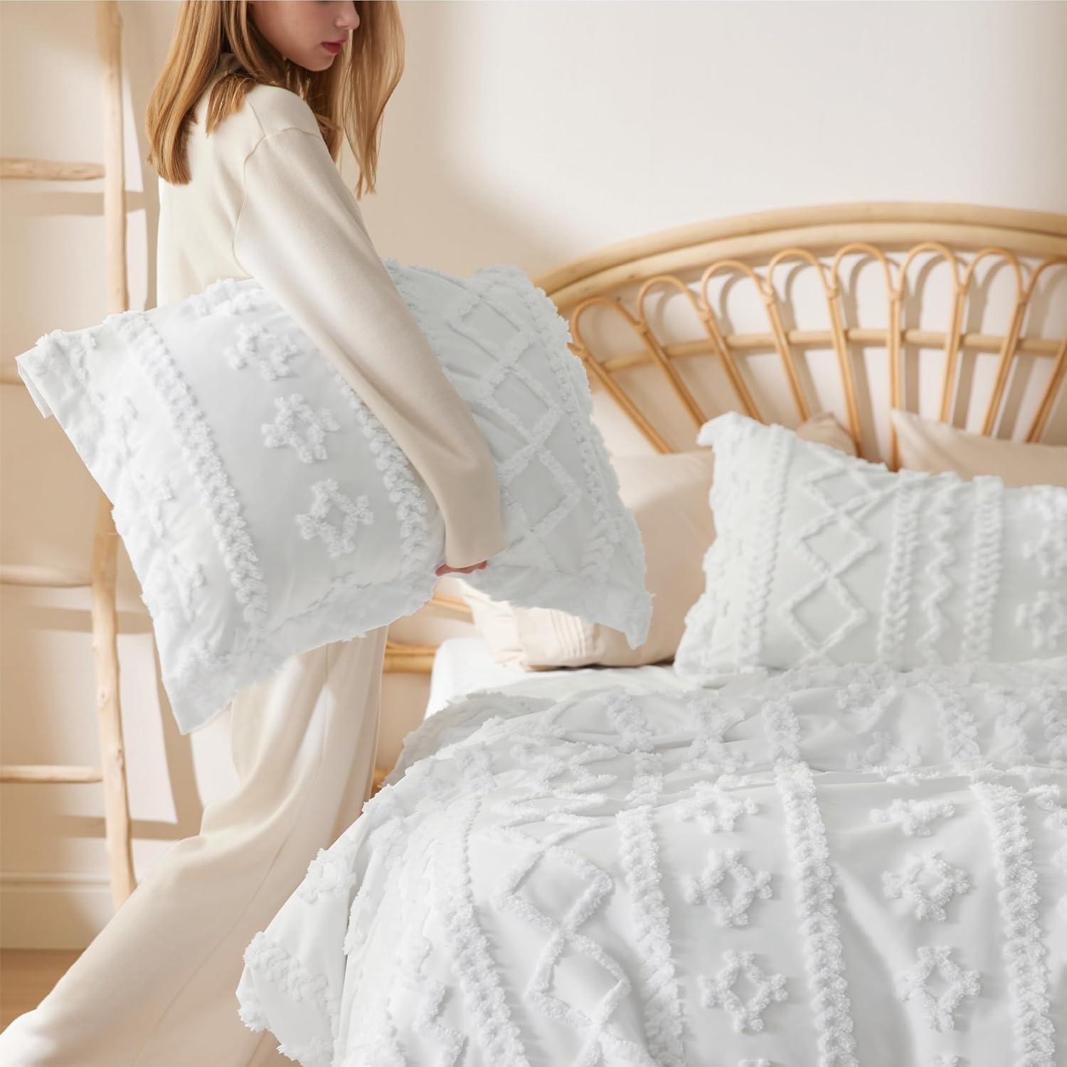 image:imageBedsure Checkered Boho Duvet Cover Queen Tufted Embroidery 3PieceBeige04 White Elegant No Comforter