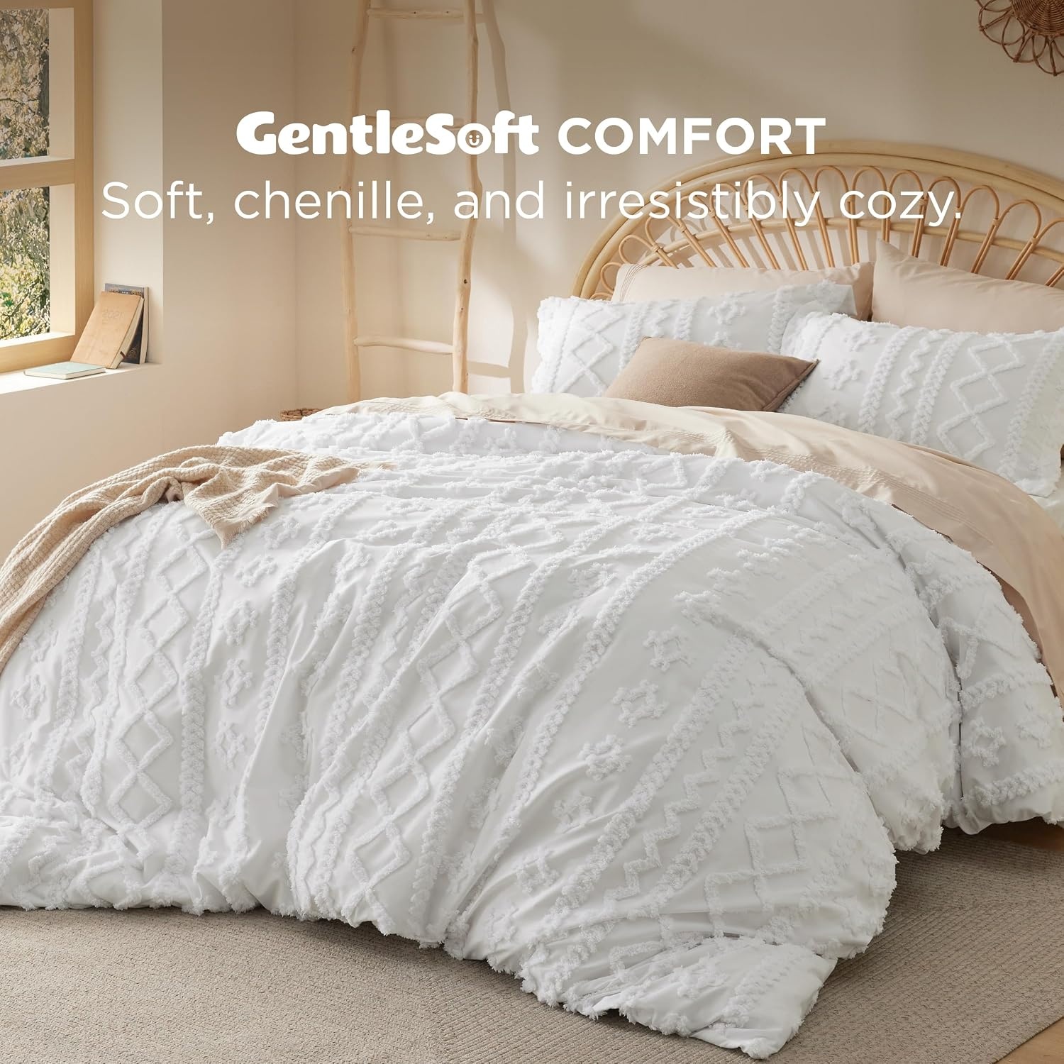 image:imageBedsure Checkered Boho Duvet Cover Queen Tufted Embroidery 3PieceBeige04 White Elegant No Comforter