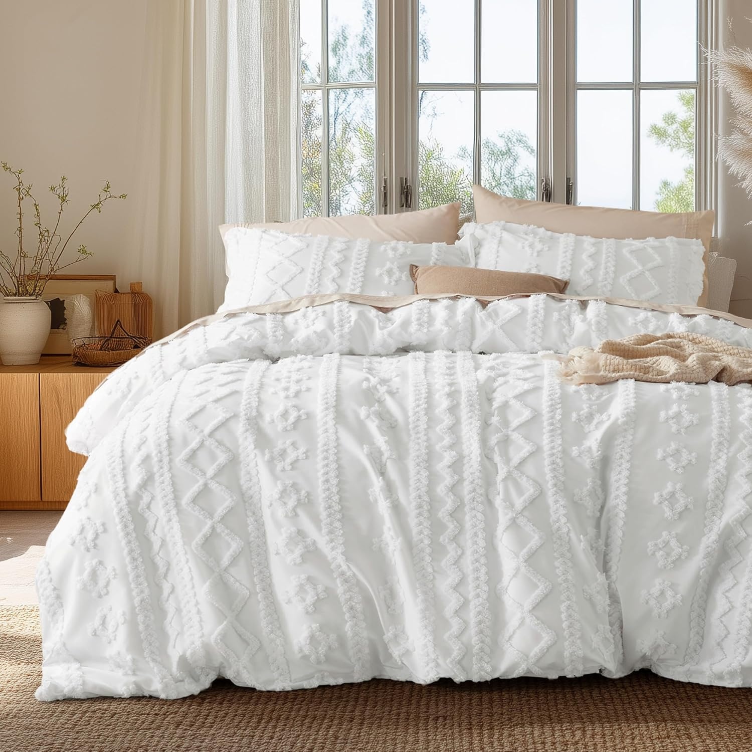 image:imageBedsure Checkered Boho Duvet Cover Queen Tufted Embroidery 3PieceBeige04 White Elegant No Comforter