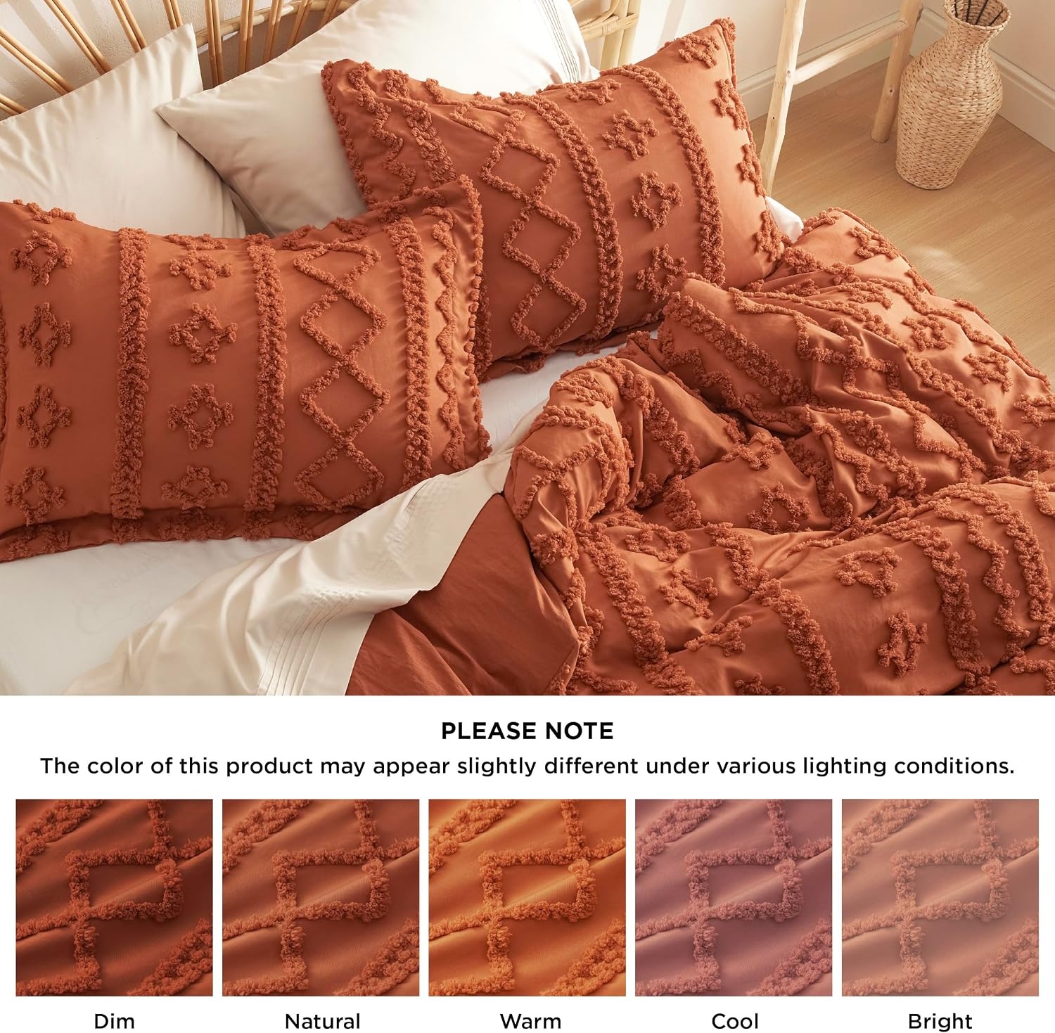 image:imageBedsure Checkered Boho Duvet Cover Queen Tufted Embroidery 3PieceBeige05 Terracotta Elegant No Comforter