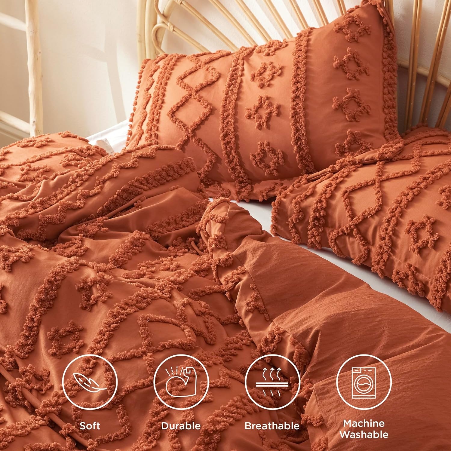 image:imageBedsure Checkered Boho Duvet Cover Queen Tufted Embroidery 3PieceBeige05 Terracotta Elegant No Comforter