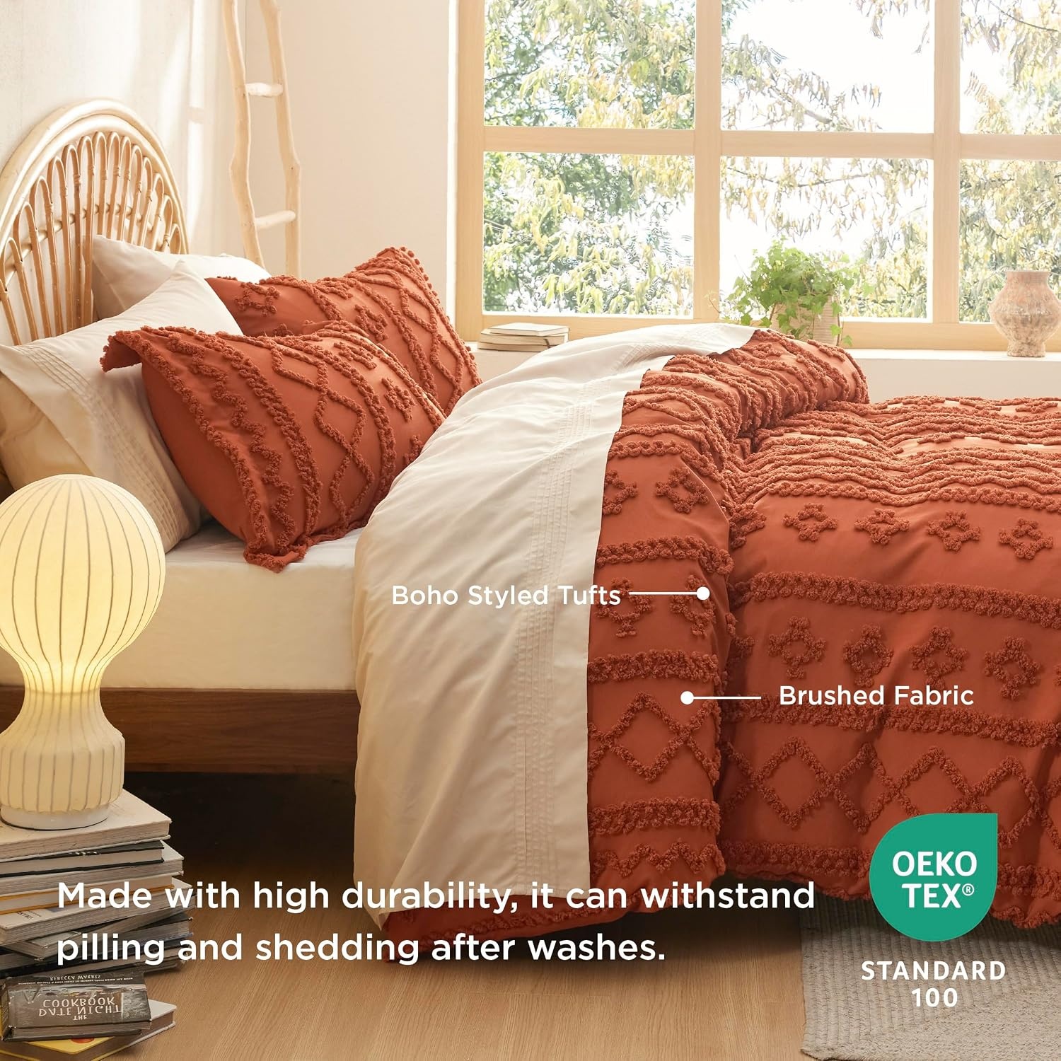 image:imageBedsure Checkered Boho Duvet Cover Queen Tufted Embroidery 3PieceBeige05 Terracotta Elegant No Comforter