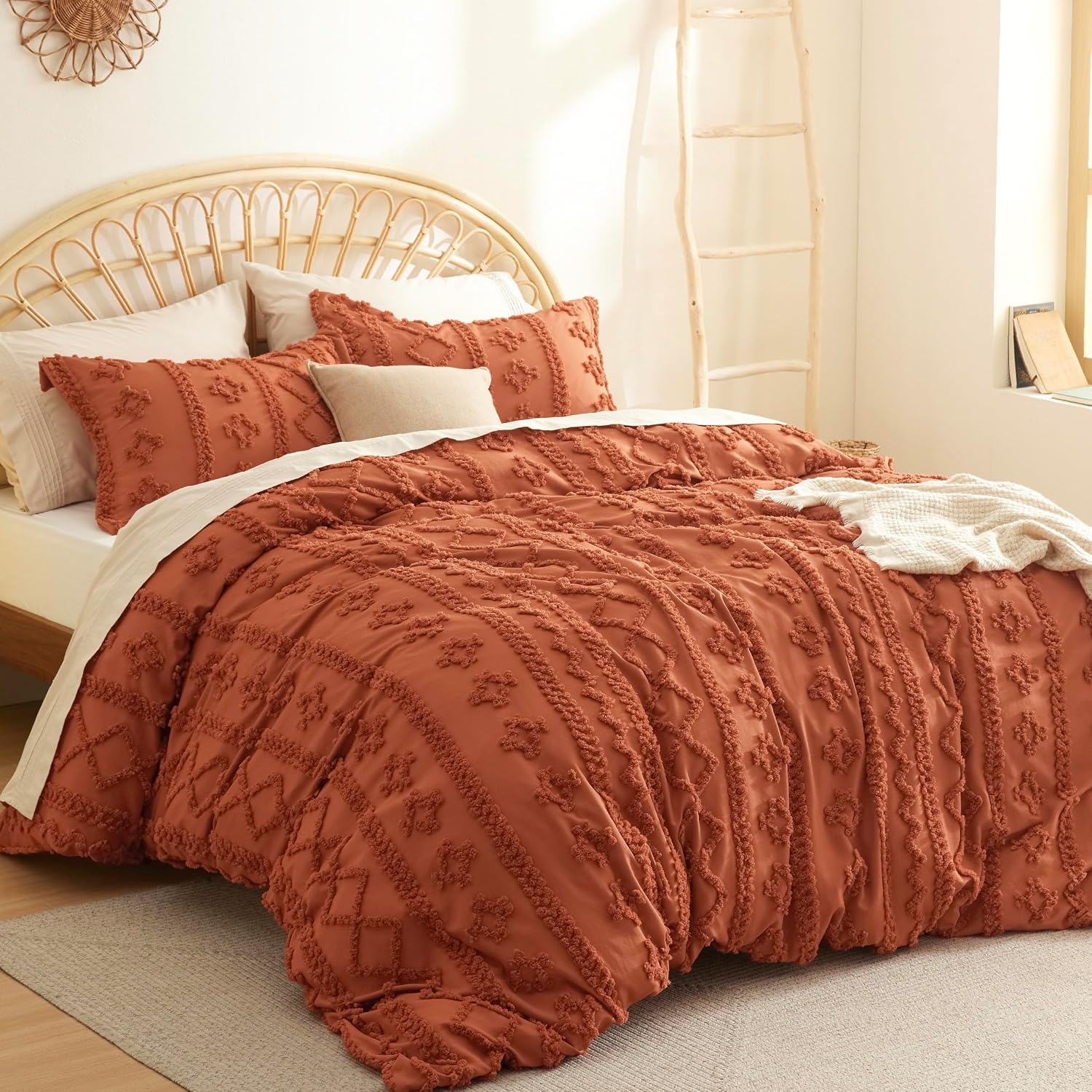 image:imageBedsure Checkered Boho Duvet Cover Queen Tufted Embroidery 3PieceBeige05 Terracotta Elegant No Comforter