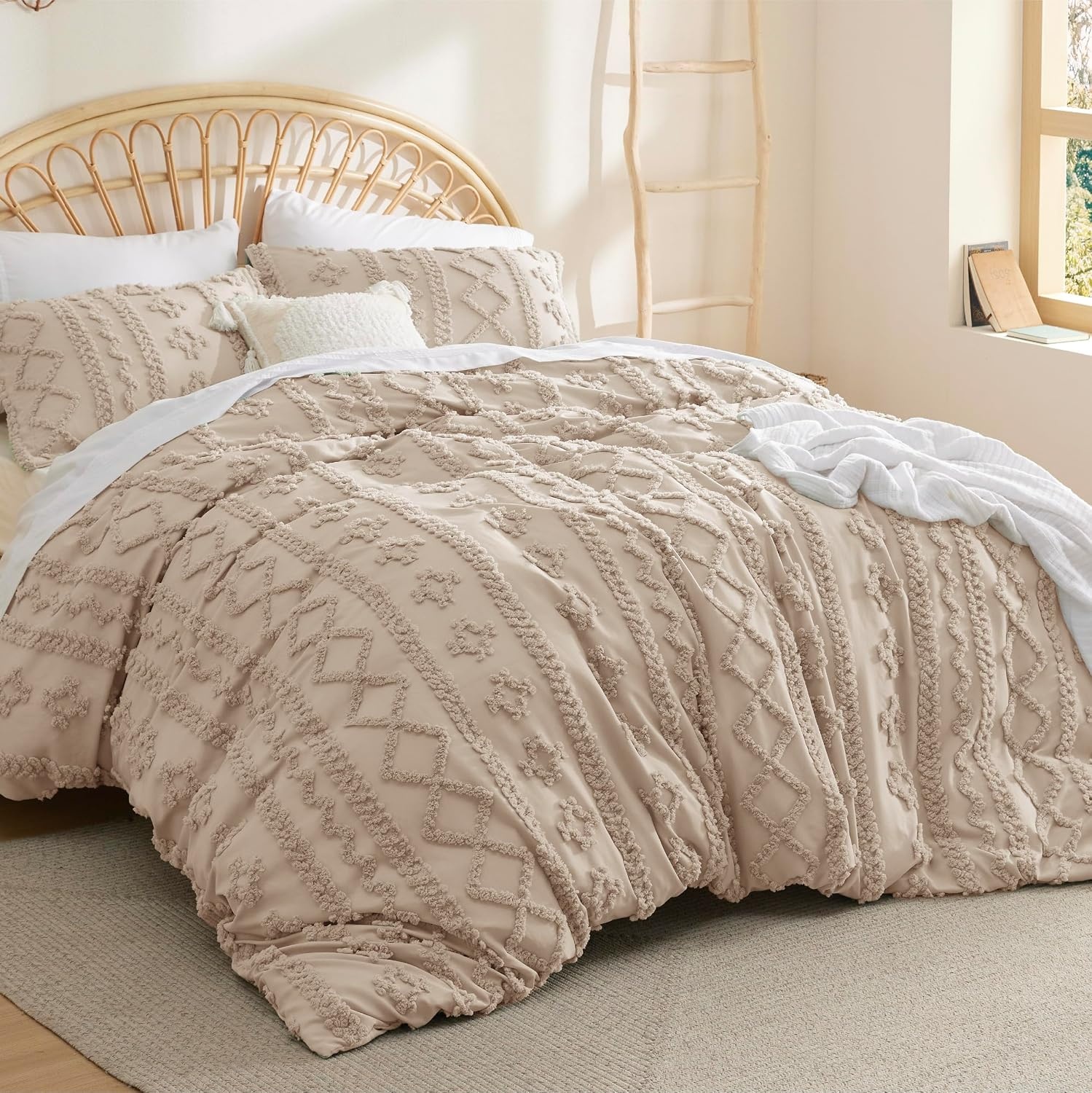 image:imageBedsure Checkered Boho Duvet Cover Queen Tufted Embroidery 3PieceBeige07 Khaki Elegant No Comforter