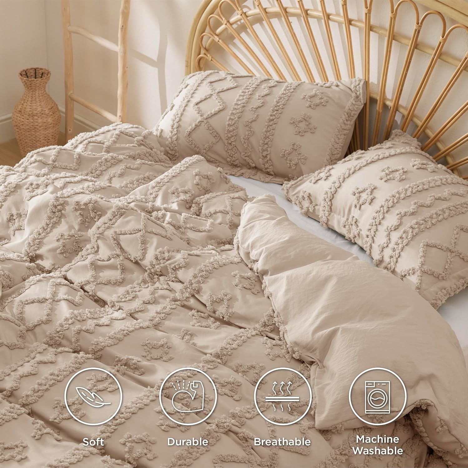 image:imageBedsure Checkered Boho Duvet Cover Queen Tufted Embroidery 3PieceBeige07 Khaki Elegant No Comforter