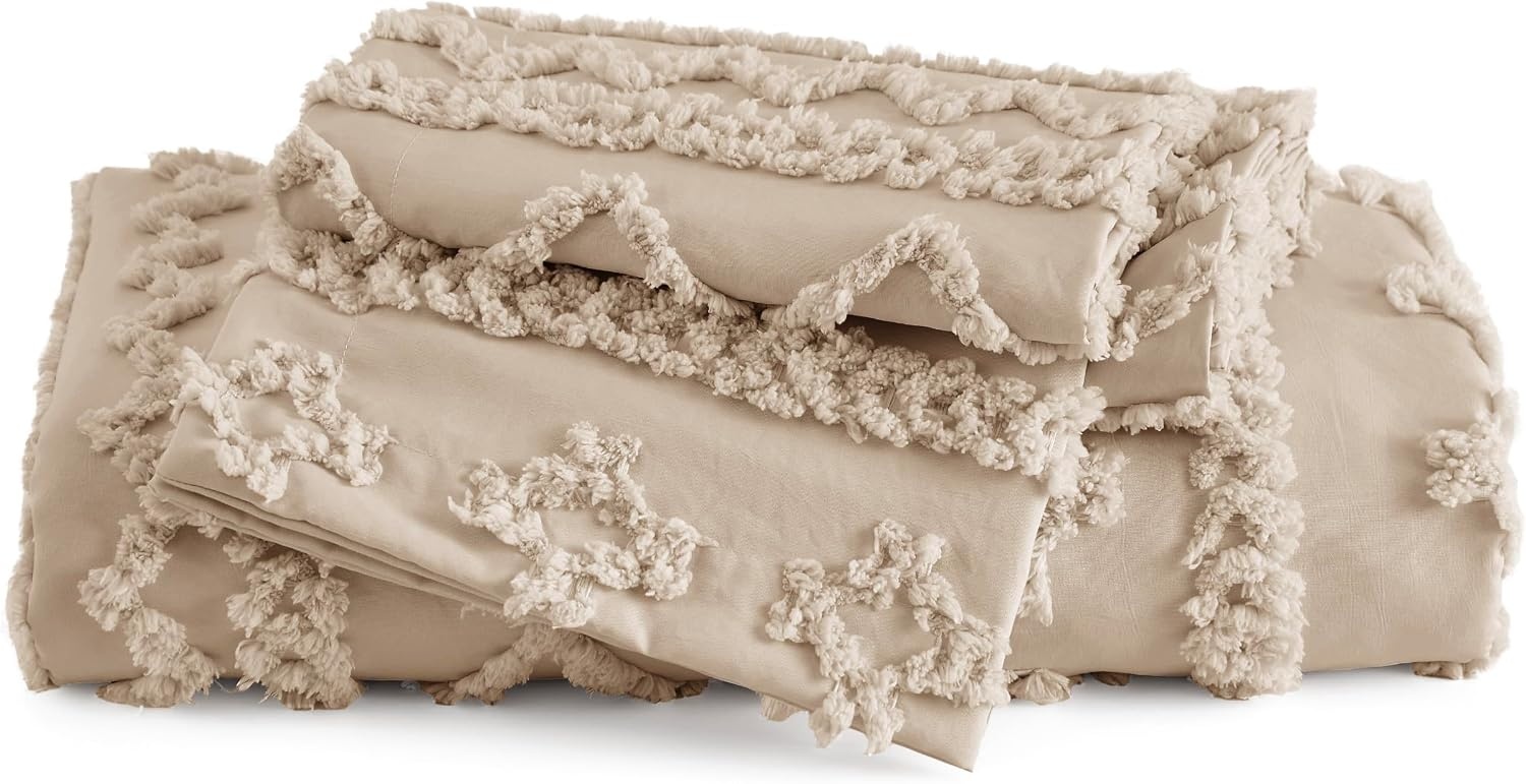 image:imageBedsure Checkered Boho Duvet Cover Queen Tufted Embroidery 3PieceBeige07 Khaki Elegant No Comforter