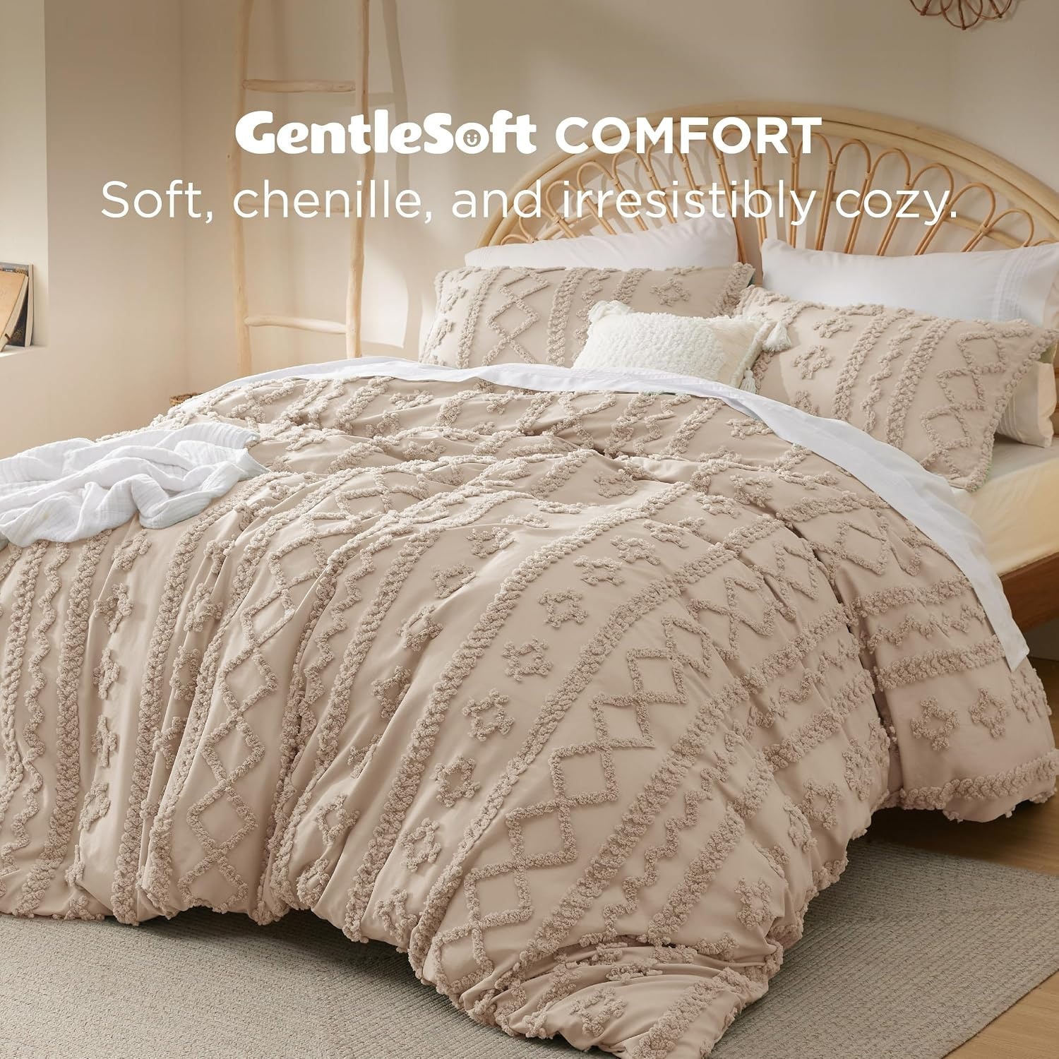 image:imageBedsure Checkered Boho Duvet Cover Queen Tufted Embroidery 3PieceBeige07 Khaki Elegant No Comforter