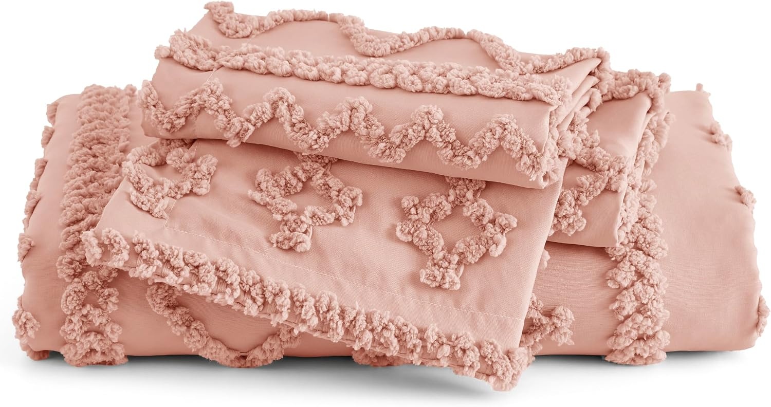 image:imageBedsure Checkered Boho Duvet Cover Queen Tufted Embroidery 3PieceBeige08 Light Pink Elegant No Comforter