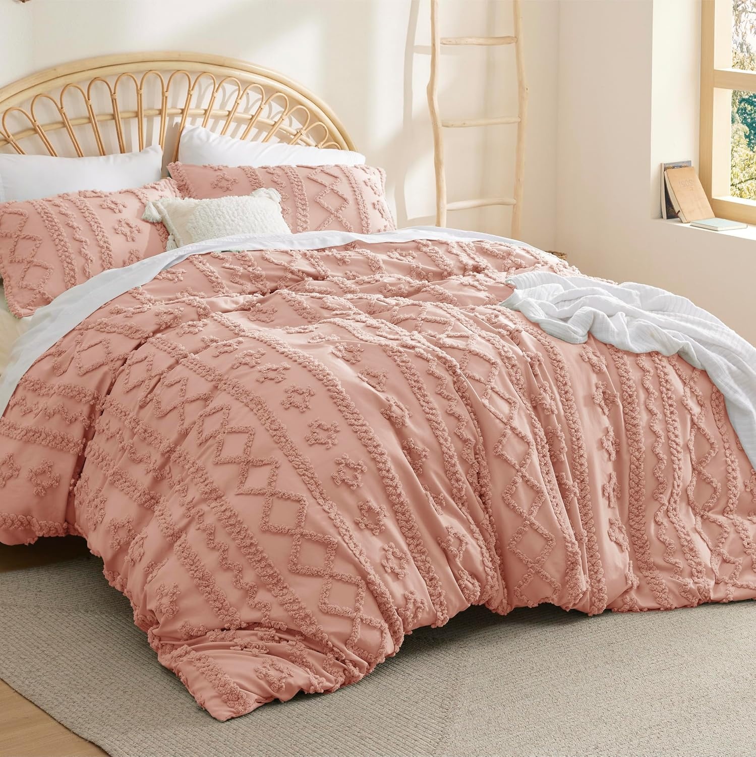 image:imageBedsure Checkered Boho Duvet Cover Queen Tufted Embroidery 3PieceBeige08 Light Pink Elegant No Comforter