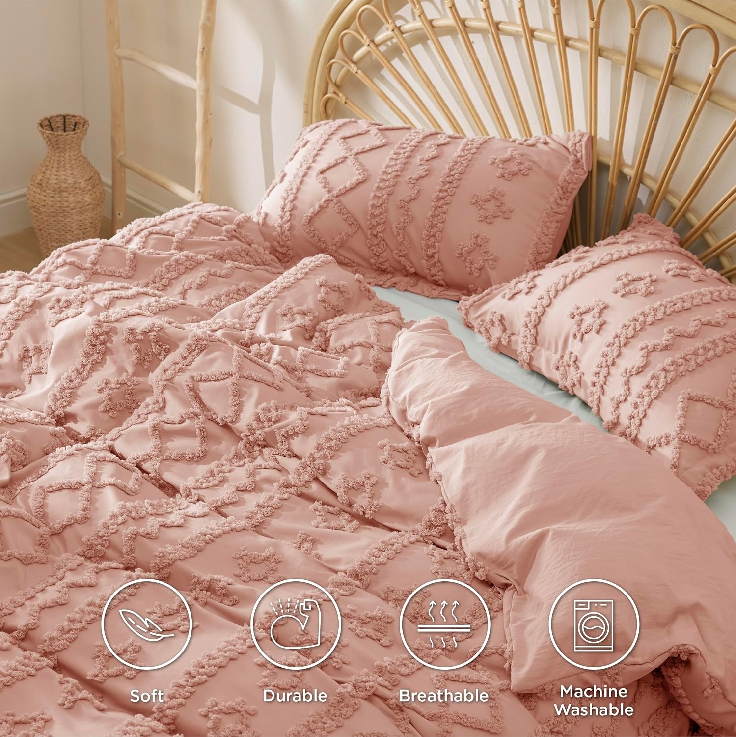 image:imageBedsure Checkered Boho Duvet Cover Queen Tufted Embroidery 3PieceBeige08 Light Pink Elegant No Comforter