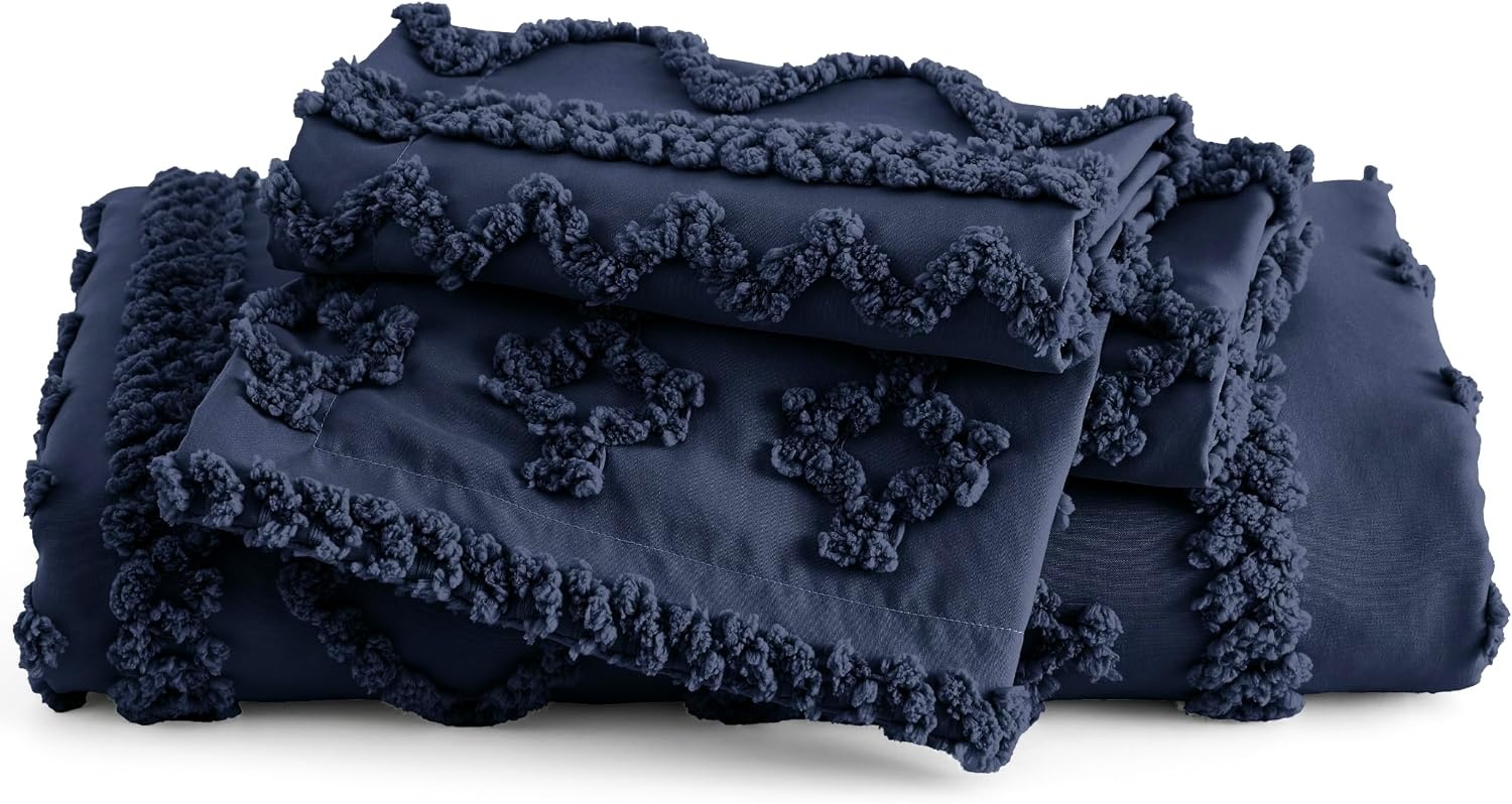 image:imageBedsure Checkered Boho Duvet Cover Queen Tufted Embroidery 3PieceBeige09 Navy Elegant No Comforter