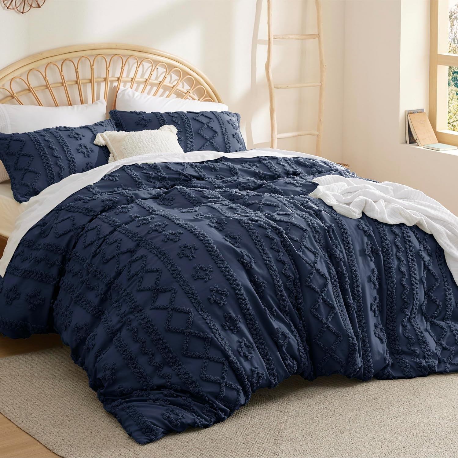 image:imageBedsure Checkered Boho Duvet Cover Queen Tufted Embroidery 3PieceBeige09 Navy Elegant No Comforter