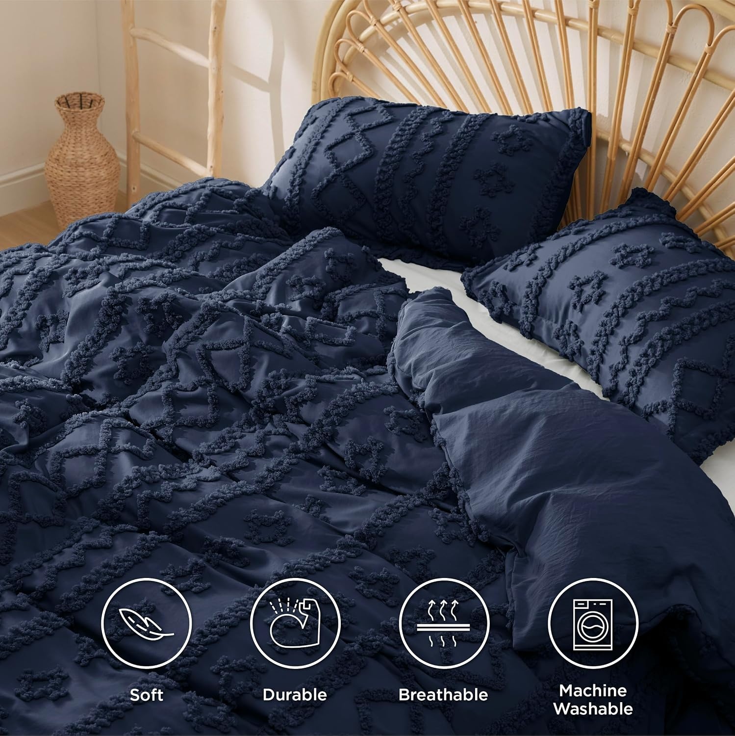 image:imageBedsure Checkered Boho Duvet Cover Queen Tufted Embroidery 3PieceBeige09 Navy Elegant No Comforter
