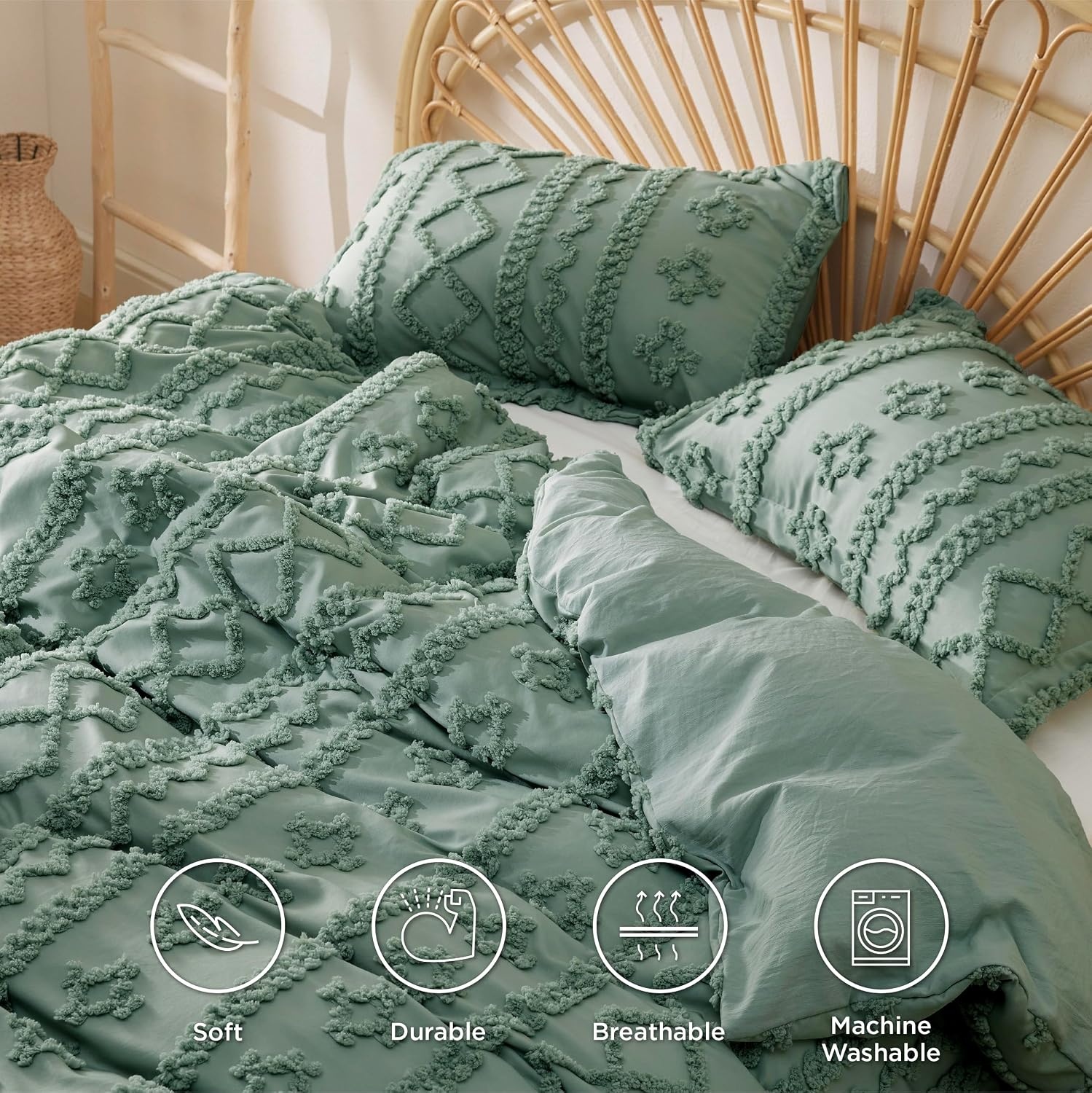 image:imageBedsure Checkered Boho Duvet Cover Queen Tufted Embroidery 3PieceBeige11 Sage Green Elegant No Comforter