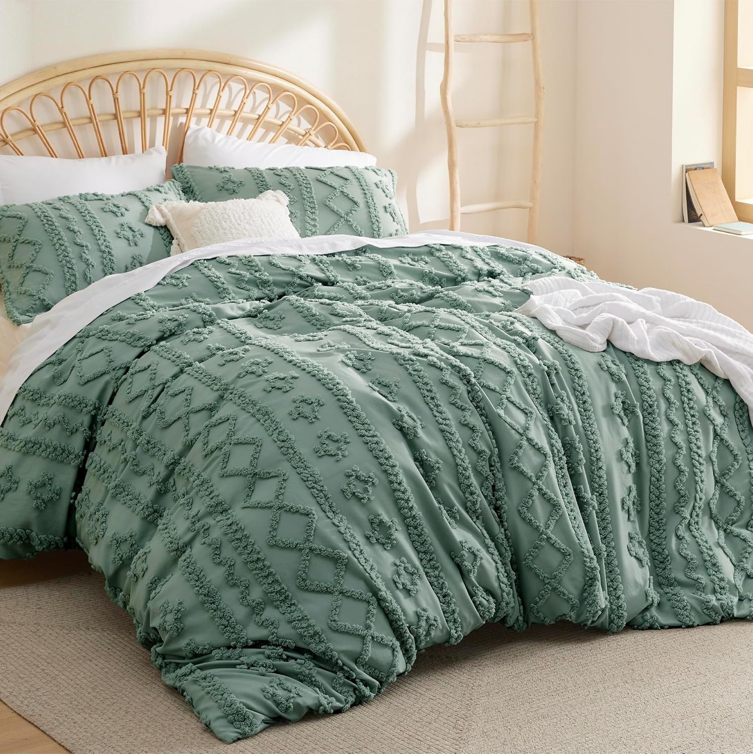 image:imageBedsure Checkered Boho Duvet Cover Queen Tufted Embroidery 3PieceBeige11 Sage Green Elegant No Comforter