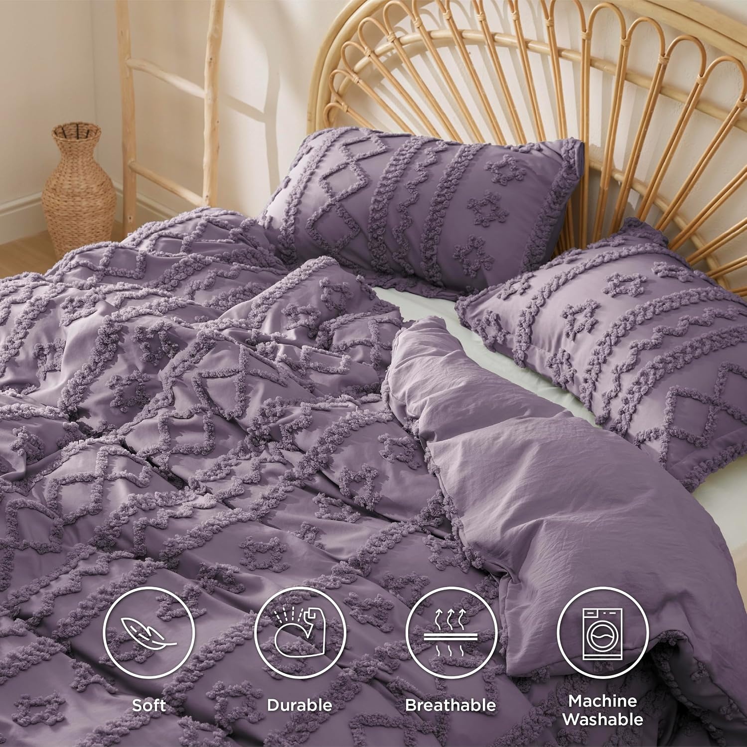 image:imageBedsure Checkered Boho Duvet Cover Queen Tufted Embroidery 3PieceBeige12 Grayish Purple Elegant No Comforter